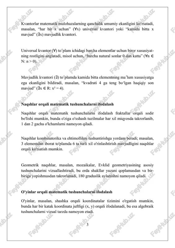 mli naqshlar 'kamida bitta' miqdoriy belgisini o'z ichiga olishi mumkin, bu ketma-ketlikda 'kamida bitta' juft son mavjudligini ko'rsatadi, 2, 3, 5, 7, 11 ketma-ketligida bu mavjud emas. miqdoriy belgilardan o'yinlarda foydalanish o'yinlarda miqdoriy belgilardan foydalanish, masalan, 'har bir' yoki 'barcha', strategiyalarni belgilashda muhim. misol uchun, shaxmatda har bir o'yinchi 'kamida bitta' dona harakatlantirishi shart. daraxt qidiruv algoritmlari kabi o'yinlarda 'eng yaxshi' yechimni topish miqdoriy belgilarni optimallashtirishni talab etadi. 'mavjud' eng yaxshi yurishni aniqlash kompyuter o'yinlarida muhim. kooperativ o'yinlarda 'ko'pchilik' ovozi bilan g'alaba qozonish, miqdoriy belgilarni hisoblashni o'z ichiga oladi. kamida 50% + 1 ovoz g'alabani kafolatlaydi, bu esa strategik ahamiyatga ega. miqdoriy belgilardan simmetriyada foydalanish simmetriyada miqdoriy belgilar akslantirish, burilish va translyatsiya kabi amallarni aniq ifodalashda muhim rol o'ynaydi, masalan, har bir nuqta x o'qiga nisbatan akslantiriladi. agar shaklning har bir nuqtasi markaziy nuqtaga nisbatan 180 gradusga burilsa va shakl o'zgarmasa, unda bu markaziy simmetriya haqida dalolat beradi. miqdoriy belgilar …