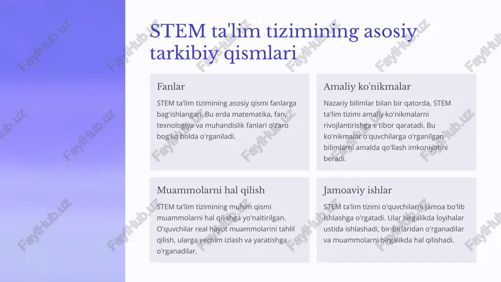 iz qoladi. stem ta'lim tizimi ko'pincha nazariy bilimlarga e'tibor qaratadi va amaliy ko'nikmalarni rivojlantirishga e'tibor bermaydi. bu, o'quvchilarning amaliy masalalarni hal qilish va ularni hayotda qo'llash qobiliyatiga ta'sir qilishi mumkin. stem ta'lim tizimi o'quvchilarni qattiq raqobatga majbur qilishi va bu ularning o'rganishga bo'lgan qiziqishlarini pasaytirishi mumkin. bu, ayniqsa, ijodkorlik va xayolotni talab qiladigan fanlarga ta'sir qilishi mumkin. 6 steam ta'lim tizimining paydo bo'lishi va shakllarnishi steam ta'lim tizimi stem asosida rivojlangan va undan farqli ravishda san'atni ham o'z ichiga oladi. u ilmiy va texnologik bilimlarni yaratishda san'atning ahamiyatini ta'kidlaydi. steam ta'lim tizimi 21-asrning boshida paydo bo'ldi, chunki o'quvchilarga muhandislik, texnologiya, matematika va fan sohalarida muvaffaqiyatli ishlash uchun zarur bo'lgan ijodiy va muammo echish qobiliyatlarini rivojlantirish zarurati paydo bo'ldi. 1 stemning rivojlanishi ilmiy va texnologik sohalarning o'zaro bog'liqligi 2 san'atning qo'shilishi ijodiylik va muammo echish qobiliyatlarini rivojlantirish 3 steamning shakllanishi o'quvchilarga 21-asr ko'nikmalarini rivojlantirish 7 steam ta'lim tizimining tarkibiy qismlari fan …