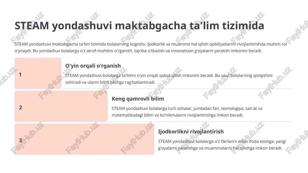 ni hal qilishga o'rgatadi. ular o'zlariga qiziqqan mavzularni tanlab, tadqiqot olib borishlari va o'z loyihalarini amalga oshirishlari mumkin. o'yin usuli o'yin usuli steam mashg'ulotlarini qiziqarli va o'yinchoq shaklida o'tkazishga imkon beradi. bolalar o'yinlar orqali bilimlarni osonroq o'zlashtiradilar va ularni hayotga tatbiq etishlarini o'rganadilar. tajriba usuli tajriba usuli bolalarni kuzatish, tahlil qilish va xulosa chiqarish qobiliyatlarini rivojlantirishga yordam beradi. ular o'zlarining g'oyalarini sinab ko'rishlari va natijalarni kuzatishlari mumkin. 6 ertaklar va qissalarni steam yondashuvida o'rganish ertaklarni tahlil qilish bolalarga ertaklar orqali turli xil fanlarga oid bilimlar berish mumkin. masalan, “qo'ziqorinlar qirolichasi” ertakini o'qib, bolalar tabiatda uchraydigan qo'ziqorin turlarini o'rganishlari mumkin. ertaklardan ilhomlanish ertaklar bolalarni o'ziga jalb qiladigan rang-barang tasvirlarga boy bo'ladi. bu tasvirlarni steam mashg'ulotlarida qo'llash mumkin. masalan, “bo'ri va etti echkich” ertakidan ilhomlanib, bolalar bilan o'yin chodiri yasash mumkin. ertaklarni o'zgartirish ertaklarni o'zgartirish orqali bolalar o'z xayollari bilan o'ynashga va yangi g'oyalarni yaratishga undalish mumkin. masalan, “bo'ri va etti echkich” …