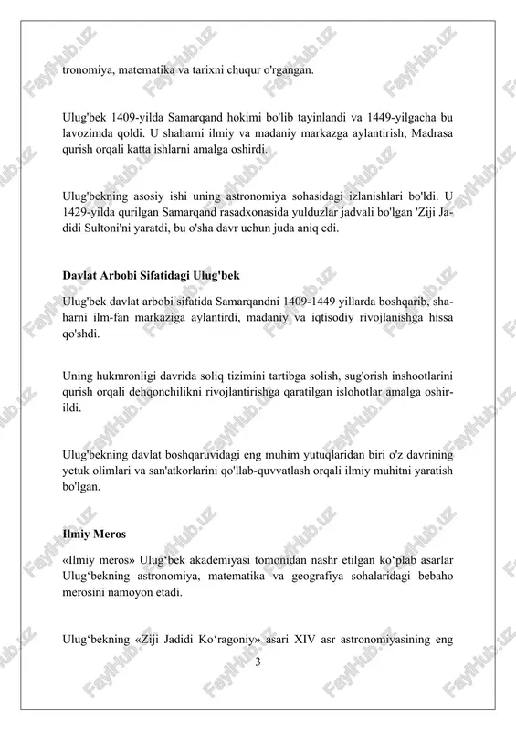 r va sayyoralarning joylashuvini misli ko'rilmagan aniqlikda o'lchash imkonini bergan. ulug'bek rasadxonasi nafaqat astronomik kuzatuvlar markazi, balki u yerda ulug'bekning «ziji jadidi ko'ragoniy» asari yaratilgan bo'lib, unda 1018 ta yulduzning koordinatalari aniq ko'rsatilgan. zij-i ulug'bek (ulug'bek jadvali) "zij-i ulug'bek" 1018 ta yulduzning joylashuvi va yorqinligini aniqlik bilan ko'rsatib beradi, ptolemeyning "almagest"idan keyingi eng aniq yulduzlar katalogi hisoblanadi. ushbu jadvalda quyosh, oy va o'sha paytda ma'lum bo'lgan beshta sayyoraning harakatini bashorat qilish uchun trigonometriya va astronomik jadvallar kiritilgan, bu o'sha davr uchun muhim yangilik edi. "zij-i ulug'bek"da yil uzunligi 365 kun, 5 soat, 49 daqiqa va 15 soniya deb belgilangan, bu zamonaviy hisob-kitoblardan atigi 58 soniyaga farq qiladi, bu esa uning aniqligini isbotlaydi. ilm-fan homiysi ulug‘bekning 1420-yildagi samarqand madrasasi ilm-fan o‘chog‘i bo‘lib, u yerda astronomiya, matematika kabi fanlar rivojiga katta hissa qo‘shgan olimlarni qo‘llab-quvvatlagan. ulug‘bek 1000 dan ortiq yulduzning joylashuvini aniqlagan «ziji jadidi ko‘ragoniy» asarini yaratishda olimlarga homiylik qilib, ularning tadqiqotlarini …