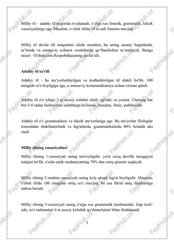 iy tilning hududiy variantlari 10 dan ortiq dialekt va shevalarni o'z ichiga oladi, bu esa fonetik, leksik va grammatik farqlarni keltirib chiqaradi. o'zbek tilining hududiy variantlarida urg'u o'rnining o'zgarishi kuzatiladi, masalan, 'kitob' so'zi ba'zi shevalarda 2-bo'g'inga urg'u bilan aytiladi. hududiy variantlar leksikasida o'ziga xos so'zlar mavjud bo'lib, ularning 30 foizi adabiy tilga kirmagan, lekin mahalliy aholi tomonidan faol ishlatiladi. adabiy tilning uslubiy xilma-xilligi adabiy tilning uslubiy xilma-xilligi, masalan, badiiy uslubda emotsional bo'yoqdorlik 100% ko'proq, publitsistikada esa jamoatchilik fikrini shakllantirish vazifasi ustun turadi. ilmiy uslub terminologiyaga boy bo'lib, aniqlik darajasi 95% dan yuqori, rasmiy uslubda esa standartlashtirilgan iboralar va qat'iy qoidalar qo'llaniladi, ularning soni 20 dan ortiq. so'zlashuv uslubi 30% gacha shevalarga xos unsurlarni o'z ichiga olishi mumkin, ammo adabiy til me'yorlaridan chetga chiqmagan holda, vaziyatga moslashuvchanlik muhim hisoblanadi. milliy til va adabiy tilning ijtimoiy funksiyalari milliy til 14 ta asosiy ijtimoiy funksiyaga ega, shu jumladan kommunikatsiya, identifikatsiya va integratsiya, jamiyat …