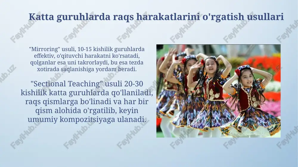 samaradorligini oshirish mumkin. differentsiatsiyada, masalan, 5 xil qobiliyatli talabalar uchun 3 turli murakkablikdagi mashqlarni tayyorlash, har birining o'ziga xos ehtiyojlarini qondirish orqali rivojlanishni ta'minlash kerak. muammolarni hal qilish va keng tarqalgan xatoliklarni bartaraf etish oʻqituvchilarning katta guruhlardagi xatosi, har bir shaxsning 100% diqqatini jalb qilmaslik, bu esa 20-30% maʼlumot yoʻqotilishiga olib keladi. muammoni hal qilish – kichik guruhlarga boʻlish. katta guruhda 1-2 xil ritmda chalish yoki raqsga tushish zerikarli boʻlishi mumkin. kamida 3-4 xil ritm va harakat qoʻshish, motivatsiyani oshirishga yordam beradi. muvaffaqiyatli darslarning namunasi o'quvchilarning 75% dan ortig'i mavzuni tushunish uchun aniq ko'rsatmalar va amaliy mashqlarga e'tibor qaratish, dars samaradorligini oshiradi. integratsiyalashgan o'qitish, masalan, musiqa va harakatni birlashtirish 60 daqiqalik dars davomida talabalarning diqqatini ushlab turishga yordam beradi. e'tiboringiz uchun rahmat image4.png image5.jpg image6.jpg image7.jpg image8.jpg image9.jpg image10.jpg image11.jpg image12.jpg image13.jpg image14.jpg image15.jpg image16.jpg image1.jpeg