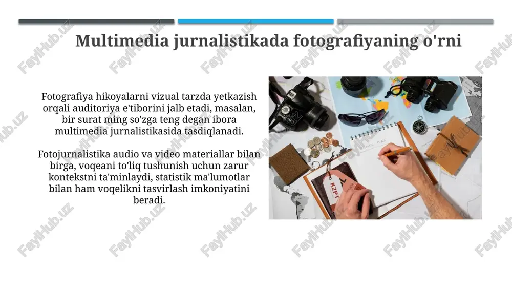 gayadi, 360°li fotosuratlar va vr texnologiyalari voqealarni ko'rsatishning yangi usullarini yaratadi, auditoriyani 2025-yildan boshlab voqea joyiga olib boradi. mu موفقiyatli multimedia hikoyalaridan misollar 'the new york times'ning 'snow fall' asari 2012-yilda raqamli hikoyachilikni qayta ta'rifladi, unda video, fotosuratlar va interaktiv xaritalar vizual bayonning kuchi namoyish etildi. 'the guardian' gazetasi 'firestorm' loyihasida 2013-yilgi tasmaniya o'rmon yong'inlarining ta'sirini ko'rsatish uchun dron tasvirlari va shaxsiy hikoyalardan foydalangan holda vizual hisobot berdi. e'tiboringiz uchun rahmat image1.jpg image2.jpg image3.jpg image4.jpg image5.jpg image6.jpg image7.jpg image8.jpg image9.jpg image10.jpg image11.jpg