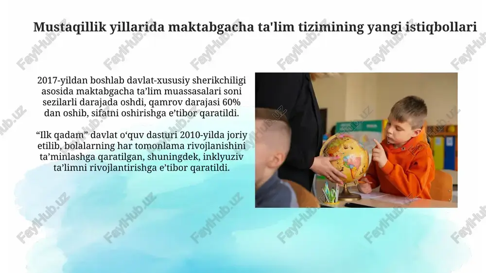 imkoniyati cheklangan bolalarning 50%ini taʼlim bilan qamrab olish vazifasi belgilangan. raqamli texnologiyalarni joriy etish raqamli texnologiyalar erta yoshdagi bolalarning rivojlanishini 25 foizga tezlashtirishi mumkin, interaktiv o'yinlar va 3d modellashtirish orqali o'quv materiallarini yanada qiziqarli qiladi. 2024-yilga kelib, 75% maktabgacha ta'lim muassasalarida raqamli resurslardan foydalanish imkoniyati yaratildi, bu bolalarga 10 dan ortiq turli ta'lim platformalariga kirish imkonini beradi. monitoring va baholash tizimining takomillashuvi ta'lim sifatini baholashning yangi milliy tizimi joriy etildi, bunda o'quvchilarning bilim darajasini aniqlash uchun 4 ta asosiy ko'rsatkichdan foydalaniladi. maktabgacha ta'lim muassasalarida pedagoglarning malakasini oshirish bo'yicha 3 yillik uzluksiz dastur ishlab chiqildi, bunda har bir pedagog 108 soatlik treningdan o'tadi. ota-onalar bilan hamkorlikni mustahkamlash "ota-onalar universitetlari" orqali pedagogik bilimlar oshirildi, ularda 10,000 dan ortiq ota-onalar qatnashib, bolalarning rivojlanish bosqichlari haqida ma'lumot oldi. 2023-yilda "maktabgacha ta'lim muassasalari va oila hamkorligi" loyihasi ishga tushirildi, bunda 75 ta namunaviy mtmlar ota-onalar bilan integratsiyalashgan darslar tashkil etdi. xalqaro tajribani o'rganish va tatbiq …