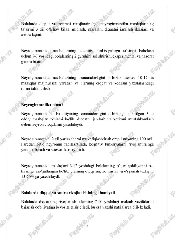 guruhi. tadqiqotda qatnashish uchun bolalarning ota-onalari yoki qonuniy vakillaridan yozma rozilik olinadi, bu axloqiy me'yorlarga to'liq rioya etilishini ta'minlaydi. ma'lumotlarni yig'ish usullari bolalarning diqqat va xotirasini o'rganishda neyrogimnastika mashqlarining ta'sirini baholash uchun standartlashtirilgan psixologik testlar, masalan, wisc-iv ning xotira indeksidan foydalanish mumkin. ota-onalar va o'qituvchilarning neyrogimnastika mashqlaridan so'ng bolalarning diqqat va xotira ko'rsatkichlaridagi o'zgarishlar haqidagi fikrlarini olish uchun so'rovnomalar va intervyular o'tkazish zarur. bolalarning darslardagi diqqatliligi va xotirasini baholash uchun kuzatuvlar olib borish va neyrogimnastika mashqlaridan oldin va keyin o'zgarishlarni aniqlash maqsadga muvofiq. ma'lumotlarni tahlil qilish ma'lumotlarni tahlil qilishda anova testidan foydalanish guruhlar o'rtasidagi farqni aniqlash uchun muhim, masalan, neyrogimnastika ta'sirini baholashda (p0.05). regressiya tahlili xotira ko'rsatkichlarining o'zgarishiga ta'sir etuvchi omillarni aniqlashga yordam beradi, shu jumladan, neyrogimnastika mashqlarining davomiyligi (r kvadrat = 0.65). t-test usuli ikkita guruh o'rtasidagi farqni solishtirishda qo'llaniladi, masalan, neyrogimnastika bilan shug'ullangan va shug'ullanmagan bolalarning diqqat darajasidagi o'zgarishlar (95% ishonch intervali). natijalar: diqqat ko'rsatkichlari neurogimnastika mashqlari diqqat …