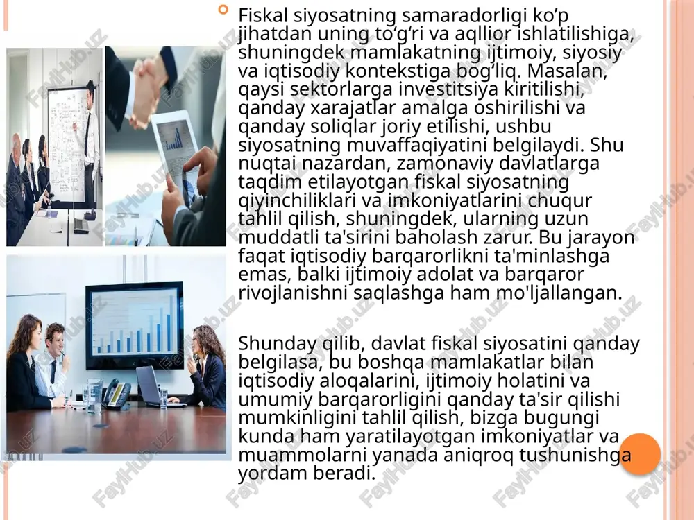ladi. to'g'ri soliqlar to'g'ri soliqlar — bu shaxsiy daromaddan, korporativ foydalardan yoki mol-mulkdan olinadigan soliqlardir. ular progressiv, ya'ni daromad oshgani sari yuqori foizda olinishi bilan ahamiyatlidir. xususiyat va afzalliklari. 1. adolatli taqsimot: to'g'ri soliqlar yuqori daromadli shaxslar va kompaniyalardan ko'proq mablag' yig'ish orqali ijtimoiy tenglikni ta'minlashga yordam beradi. 2. raqobatni oshirish: davlatning ta'lim, salomatlik va ijtimoiy xizmatlarga kirishini oshirish imkonini beradi, bu esa raqobatbardoshlikni oshirishga xizmat qiladi. 3. barqarorlik: to'g'ri soliqlar iqtisodiy sharoitlar o'zgarganda (masalan, inqiroz yoki ahvolni tiklash davrida) barqaror kirim manbaini ta'minlaydi. kamchiliklari: 1. kichik bizneslarga yuk: ba'zi hollarda, yuqori soliqlar kichik bizneslar uchun qiyinchiliklar tug'dirishi mumkin, bu esa investitsiya jozibadorligini pasaytiradi. 2. oqibatlarga ta'sir: progressiv soliq tizimning mehnat faoliyatiga salbiy ta'siri bo'lishi mumkin, chunki yuqori daromadli shaxslar ko'pincha ish haqlarini oshirishdan qochishadi. egri soliqlar egri soliqlar — bu xaridlar, iste'mol va xizmatlarga foizlar orqali olinadigan soliqlardir. ular ko'pincha proportsional, ya'ni har kim bir xil foiz to'lashi kutiladi, …