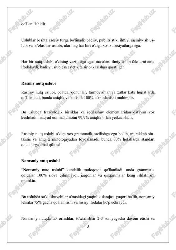 r ijtimoiy mavqelar, masalan, rahbar yoki xodim, nutq uslubini shakllantiradi; yuqori mavqedagilar 15 foiz ko'proq rasmiy til ishlatishi mumkin. ta'lim darajasi ta'sir qiladi; oliy ma'lumotli shaxslar til boyligi va grammatik to'g'rilikka 20 foiz ko'proq e'tibor berishadi. muloqot vaziyati muhim; rasmiy uchrashuvda norasmiy suhbatga nisbatan 30 foiz ko'proq professional leksika qo'llaniladi. auditoriya va nutq uslubi auditoriya hajmi nutq uslubiga ta'sir etadi; masalan, 10 kishilik guruh uchun norasmiy nutq, 100 kishilik auditoriya uchun rasmiy nutq talab etiladi. auditoriyaning demografiyasi, jumladan, yoshi, jinsi va ma'lumoti nutq uslubini belgilaydi. masalan, 20 yoshdagilar uchun zamonaviy, 50 yoshdagilar uchun an'anaviy uslub maqbul. auditoriyaning qiziqishi nutq uslubini shakllantiradi; 30% qiziqish bildirgan auditoriya uchun qisqa nutq, 70% qiziqish bildirgan auditoriya uchun batafsil nutq kerak bo'ladi. vaziyat va nutq uslubi vaziyat va nutq uslubi, kommunikativ vazifaga moslashadi, masalan, norasmiy suhbat 1-shaxsda, rasmiy ma'ruza esa 3-shaxsda bayon etilishi mumkin. nutq uslubi vaziyatga bog'liq holda o'zgaradi: masalan, do'stlar davrasida ko'proq so'zlashuv …