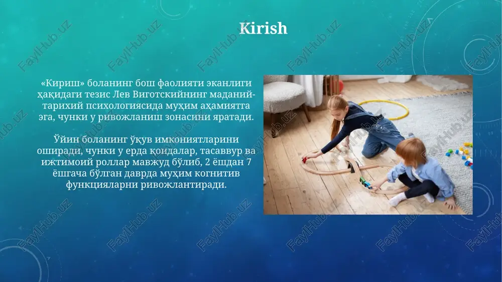 n va jismoniy rivojlanish o'yinlar harakatlarni muvofiqlashtirish, muvozanatni saqlash va nozik motor ko'nikmalarini rivojlantirish orqali bolaning 7 asosiy mushak guruhini mustahkamlaydi. jismoniy o'yinlar yurak-qon tomir salomatligini yaxshilaydi, qon aylanishini rag'batlantiradi va ortiqcha vazn xavfini kamaytiradi, 3 yoshdan oshgan bolalarda metabolizmni normallashtiradi. o'yin muhiti o'yin muhiti, bolaning erta rivojlanishida 80% dan ortiq rol o'ynaydi, uning sensorli, ijtimoiy va kognitiv qobiliyatlarini shakllantiradi. bolalar o'yin maydonchalarida 5 turdagi elementlar: tabiiy, harakatlanuvchi, ijtimoiy, xavfsizlik va ijodiy elementlar bo'lishi kerak, bu bolaning har tomonlama rivojlanishini ta'minlaydi. o'yinchoqlarning ahamiyati o'yinchoqlar bolaning kognitiv rivojlanishiga, masalan, 7-12 oylikda shakllarni ajratish va 2 yoshda muammolarni hal qilish qobiliyatiga ta'sir qiladi. o'yinchoqlar 3 yoshgacha bo'lgan bolalarda ijtimoiy ko'nikmalarni rivojlantirishda muhim rol o'ynaydi, ular orqali o'rtoqlari bilan muloqot qilish va hamkorlik qilish imkoniyatini oshiradi. o'yinda kattalarning roli kattalar o'yin maydonini yaratishi va xavfsizligini ta'minlashi, o'yinni boshlash yoki yo'naltirish shart emas, balki 2-5 yoshdagi bolalarga imkon qadar mustaqil bo'lishiga yordam beradi. o'yin …