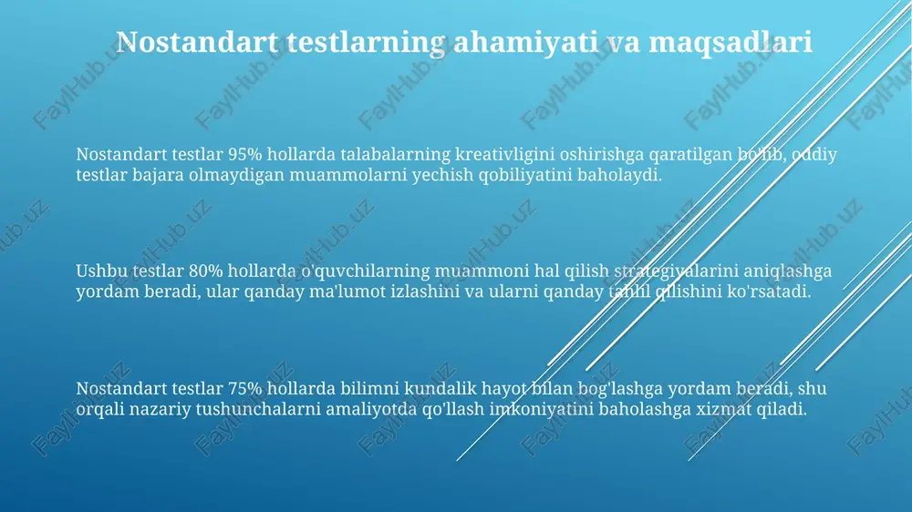 s bo'lishi, masalan, 70% bilim darajasini aniqlash uchun savollar muvofiqlashtirilishi va tekshirilishi zarur. baholash mezonlari shaffof bo'lishi lozim, talabalar ularning qanday baholanishini oldindan bilishlari uchun, bu 100% adolatli baholashni ta'minlaydi. test topshiriqlarining murakkablik darajasini aniqlash murakkablikni aniqlashda, distractor analiz muhim; noto'g'ri javob variantlarini tanlash chastotasi ko'rsatkichlariga ko'ra, topshiriqning qanchalik chalg'ituvchi ekanligi baholanadi. test topshiriqlarining murakkablik darajasi, odatda, topshiriqni to'g'ri yechgan test qatnashchilarining foizi (masalan, 70%) orqali ifodalanadi; bu indeks 0 dan 100 gacha bo'ladi. test topshiriqlarining murakkablik darajasini aniqlashda, mutaxassislarning baholari va tajribasi ham muhim rol o'ynaydi; ular topshiriqning kognitiv yukini baholashadi. testlarni sinovdan o'tkazish va tahlil qilish sinovdan o'tkazishda 100 ta test elementini qamrab olish, 0.7 dan yuqori ajrata olish qobiliyatiga ega elementlarni aniqlash muhim. bu, testning ishonchliligi va adolatini oshiradi. tahlil jarayonida, xatoliklar chastotasini aniqlash uchun item difficulty index (qiyinlik indeksi) qo'llaniladi; 0.3-0.7 oralig'idagi ko'rsatkichlar optimal hisoblanadi. differential item functioning (dif) tahlili, turli demografik guruhlar uchun test elementlarining …