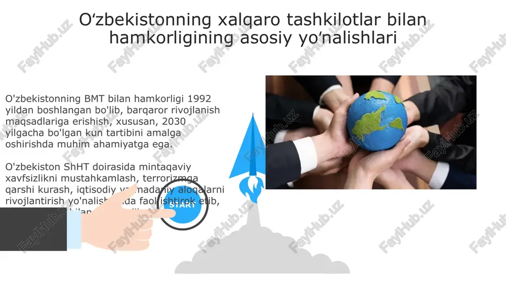 irok etadi. mdh doirasida oʻzbekiston transchegaraviy jinoyatchilikka qarshi kurashda, xususan terrorizm va narkotik moddalar savdosiga qarshi kurashishda faol hamkorlik qilib kelmoqda. turkiy davlatlar tashkiloti (tdt) bilan aloqalar o'zbekiston tdtning asoschilaridan biri bo'lib, 2006-yilda tashkilot tuzilganidan beri faol ishtirok etib, siyosiy va iqtisodiy hamkorlikni rivojlantirishga katta hissa qo'shgan. 2023-yilda o'zbekiston tdtga raislik qildi va bu davrda samarqandda tashkilotning sammiti o'tkazildi. unda savdo, investitsiya va transport sohalarida bir qator muhim kelishuvlarga erishildi. 06 05 04 yevropa ittifoqi (yi) bilan hamkorlik 01 02 yevropa ittifoqi o'zbekistonga rivojlanish sohasida 2014-2020-yillarda 168 million yevro miqdorida grant ajratdi, bu esa qishloq taraqqiyoti va davlat boshqaruvini yaxshilashga yo'naltirildi. o'zbekiston va yevropa ittifoqi o'rtasidagi savdo, iqtisodiy va hamkorlik to'g'risidagi bitim (seca) 1996-yilda imzolangan bo'lib, ikki tomonlama savdo aylanmasining oshishiga muhim hissa qo'shgan. oʻzbekistonning jahon savdo tashkilotiga (jst) aʼzo boʻlish jarayoni oʻzbekiston 1994-yilda jstga kuzatuvchi maqomini olgan, bu aʼzolikka qoʻyilgan dastlabki qadam boʻlib, tashkilotning asosiy tamoyillari bilan tanishish imkonini …