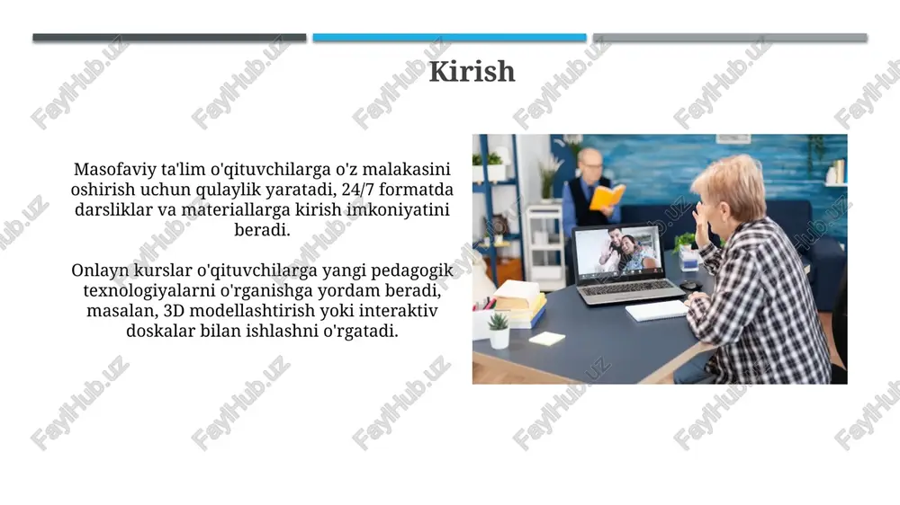 salan, canva) bo'yicha bilimlarni oshirishga imkon beradi, bu ularning dars sifatini yaxshilaydi. zamonaviy pedagogik usullarni qo'llash zamonaviy pedagogik usullarni qo'llashda o'qituvchilar “flipped classroom” metodini sinab ko'rishlari mumkin, bunda nazariya uyda o'rganiladi, amaliy mashg'ulotlar darsda 2.0 formatida o'tkaziladi. interfaol usullar, masalan, loyiha asosidagi ta’lim (pbl), o'quvchilarga 21-asr ko'nikmalarini shakllantirishda yordam beradi, bu esa kreativlikni 10% ga oshiradi va muammolarni yechish qobiliyatini rivojlantiradi. o'qituvchilar uchun masofaviy ta'lim platformalari o'qituvchilar uchun masofaviy platformalar, masalan coursera va edx, 2700 dan ortiq turli kurslar taklif etadi, bu esa ularning metodika va fanlar bo'yicha bilimlarini oshirishga yordam beradi. ushbu platformalar interaktiv forumlar va onlayn munozaralar orqali o'qituvchilarga global miqyosda 5000 dan ortiq hamkasblari bilan tajriba almashish va yangi pedagogik uslublarni o'rganish imkonini beradi. muvaffaqiyatli masofaviy ta'lim dasturlarining misollari coursera for teachers dasturi 250 dan ortiq kurslarni taqdim etadi, bu esa o'qituvchilarga pedagogika, texnologiya va fan sohalarida malakasini oshirish imkonini beradi. khan academy o'qituvchilar uchun bepul resurslar …
