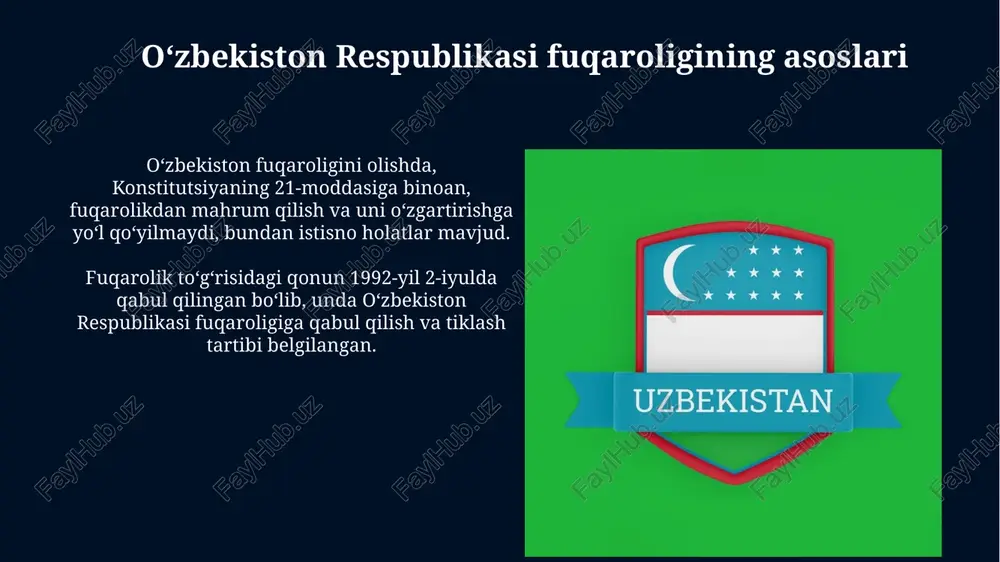 binoan malakali tibbiy xizmat olish, sog'lig'ini saqlash huquqiga ega bo'lib, davlat tibbiy sug'urta orqali kafolatlaydi. fuqarolar ta'lim olish huquqiga ega (konstitutsiyaning 41-moddasi) va umumiy o'rta ta'lim majburiy, davlat maktablarida bepul; oliy ta'lim olish imkoniyatlari mavjud. fuqarolikni qabul qilishdagi maxsus holatlar o'zbekiston respublikasi prezidenti alohida hollarda o'zbekiston fuqaroligiga qabul qilish huquqiga ega, bu o'zbekiston uchun alohida xizmatlari bilan bog'liq. investitsiya kiritgan shaxslar, 8500 minimal ish haqidan kam bo'lmagan miqdorda, o'zbekiston fuqaroligini soddalashtirilgan tartibda olishlari mumkin. e'tiboringiz uchun rahmat image5.jpg image6.jpg image7.jpg image8.jpg image9.jpg image10.jpg image11.jpg image12.jpg image13.jpg image14.jpg image15.jpg image16.jpg image1.jpeg