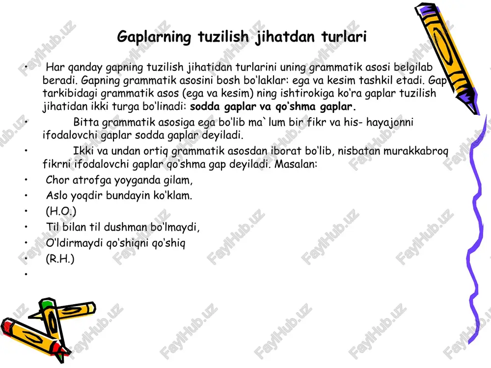 , faqat bosh bo‘laklardan tuzilgan. ikkinchi gapda bosh bo‘laklar (bulutlar – ega, to‘sib turardi – kesim)dan tashqari , ikkinchi darajali bo‘laklar ham (hamon, qaysarlik bilan - hollar, quyosh - aniqlovchi, yuzini – to‘ldiruvchi) qatnashgan. shuning uchun bu gap yoyiq gapdir. bir bosh bo‘lakli gaplar ham, ikki bosh bo‘lakli gaplar ham zarur bo‘laklarning to‘la ifodalanishi yoki tushirilishiga ko‘ra ikki turga ajratiladi: to‘liq gap va to‘liqsiz gap. to‘liq gaplarda zarur bo‘laklarning barchasi qatnashadi, to‘liqsiz gaplarda zarur bo‘laklarning biri yoki bir qismi tushiriladi. masalan: - ilgari qaerda ishlagan edilar? (to‘liq gap). – dastavval surxondaryoda, keyin qarshi cho‘lida. (o.y.) (to‘liqsiz gap). ikki bosh bo‘lakli gapning tuzilishi ikki bosh bo‘lakli gap ikki grammatik tarkibi: ega tarkibi va kesim tarkibi mavjud bo‘lgan gapdir. - ega yoki ega va unga taalluqli so‘zlar ega tarkibini tashkil etsa, kesim yoki kesim va unga taalluqli so‘zlar kesim tarkibini tashkil qiladi. masalan: kecha tunda esgan kuchli shamol katta archaning tanasini ikkiga …