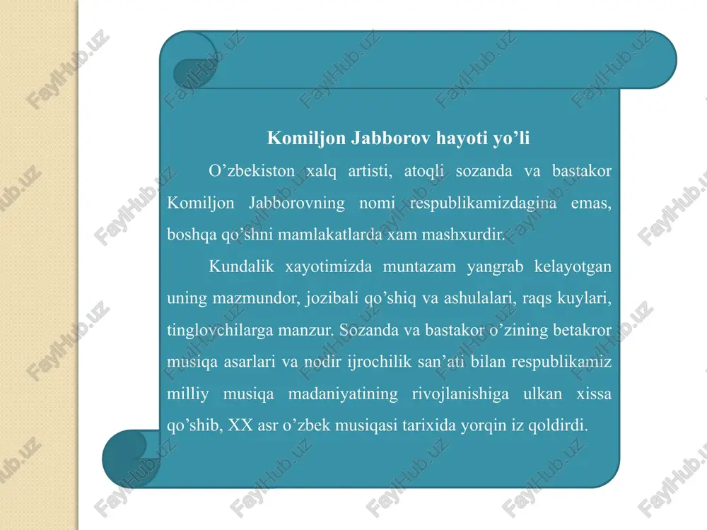 larini tanlab, aktyorlar bilan birga mashg’ulotlar o’tkazardi. shu jarayon uni ijod qilishga undaydi. shu paytda «gulsara», «layli va majnun» kabi spektakllar andijon teatrida sahnalashtirildi. bastakor o’zining ilk ijod namunalarini yozadi. shoir sobir abdulla so’ziga yozgan ilk «chayqalur» qo’shig’i ustozlarining sabog’iga mos, o’ziga xos shakl va mazmun jihatlaridan o’zbek mumtoz musiqasi yo’llariga xosligi namoyon edi. bastakorning «tokay» asari esa boshqalariga nisbatan sodda, diapazon jihatdan qisqaroq bo’lib, bir oktava oralig’ini qamrab oladi. ushbu asar oddiy uch qismli namuna shaklida ijod etilgan va o’ziga xosligi bilan ajralib turadi. daromad qismida asarning asosiy mavzusi lad asoslari va metro-ritmik jihatlar negizida o’zini namoyon etadi komiljon jabborovning mumtoz uslubdagi asarlari musiqa ijodiyotining yorqin namunalari sifatida meros qatoridan o’rin olgan. u asari uchun qaysi shaklni tanlamasin, bastakorlik uslubining xarakterli jihatlari negizida go’zal ifodasini topganligini kuzatish mumkin. bastakor nafaqat mumtoz shoirlarning ijodiga, balki zamondosh shoirlarning she’rlariga ham bir qator qo’shiqlar yaratishga muyassar bo’lgan. «birma-bir», «ko’rgim kelar» (turob to’la), …