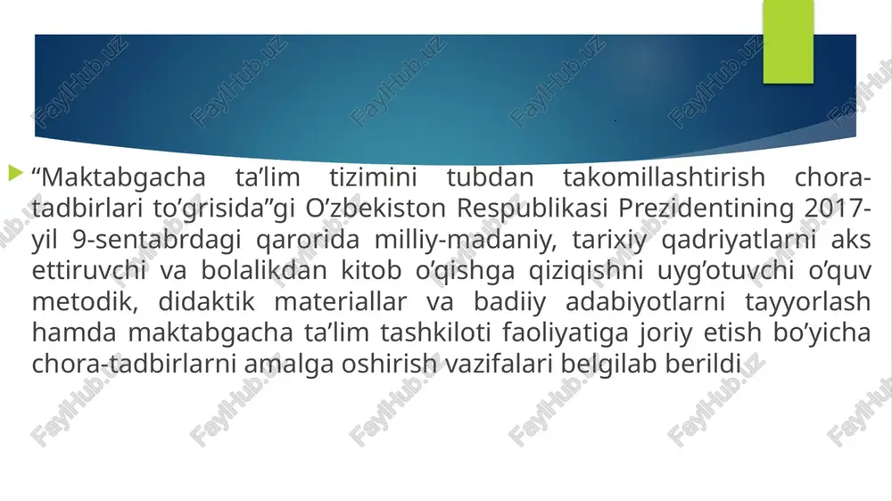 rof-olam, obrazlar, ranglar, tovushlar bilan tanishadi. teatrlashtirilgan o’yinlarning bola shaxsiga katta va har tomonlama tasiri undan kuchli pedagogik vosita sifatida, ortiqcha majburlashsiz, foydalanish imkonini beradi, chunki kichkintoy o’yin vaqtida o’zini erkin his qiladi. e`tiboringiz uchun rahmat! image2.jpg image3.jpg image4.jpg image5.jpg image6.jpg image7.jpg image1.jpeg image8.jpg /docprops/thumbnail.jpeg