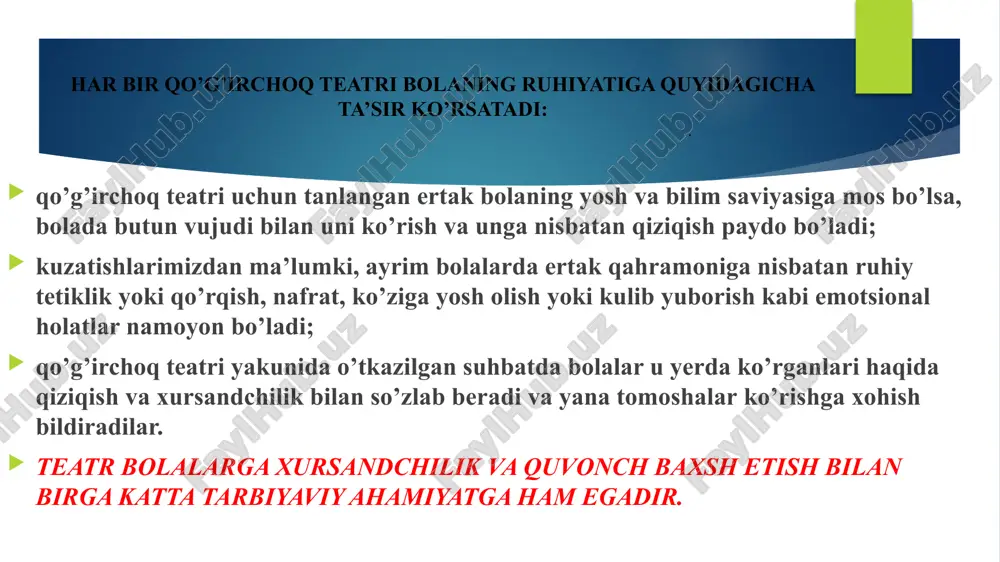 chun bolalarni badiiy asar turi bo’lgan hikoya bilan tanishtirish uning syujetini tushuntirishga bog’lab olib boriladi. hikoya mazmuni, odatda, savollar asosida tahlil qilinadi. bunda savollar qatnashuvchi shaxsning xatti-harakati va xarakterini tahlil qilishga qaratilgan maqollar halq ogzaki ijodida maqollar yetakchi o’rinda turadi. xalq yaratgan g’oyat ixcham, chuqur va tugal ma’noli gaplar maqol deb yurutiladi. maqol halqning, bir necha avlodlarning aqlu farosati hamda turmush tajribasining yakuni, ular donishmandligining mahsulidir. maqollar chuqur ma’noni ifoda etishi, ihcham,pishiq va puhtaligi bilan halq ogzaki ijodining boshqa turlaridan farq qiladi. shu sababdan maqollar bolalarni togri, mantiqiy fikrlashga, maqsadni qisqa, ihcham va lo’nda bayon etishga o’rgatadi, ularning badiiy didini oshiradi. maqollar mavzu jihatdan boy, xilma-xil va rang- barangdir ona vatanni sevish va uluglash goyalari: bulbul chamanni sevar, odam - vatanni sevar. ona yurting omon bolsa, rangi ruying somon bo’lmas. do’stlik, birdamlik, ahillik goyalari: ko’kka boqma, ko’pga boq! do’st so’zini tashlama, tashlab boshing qashlama. mehnat va mehnatsevarlik goyalari: mehnat mehnatning …