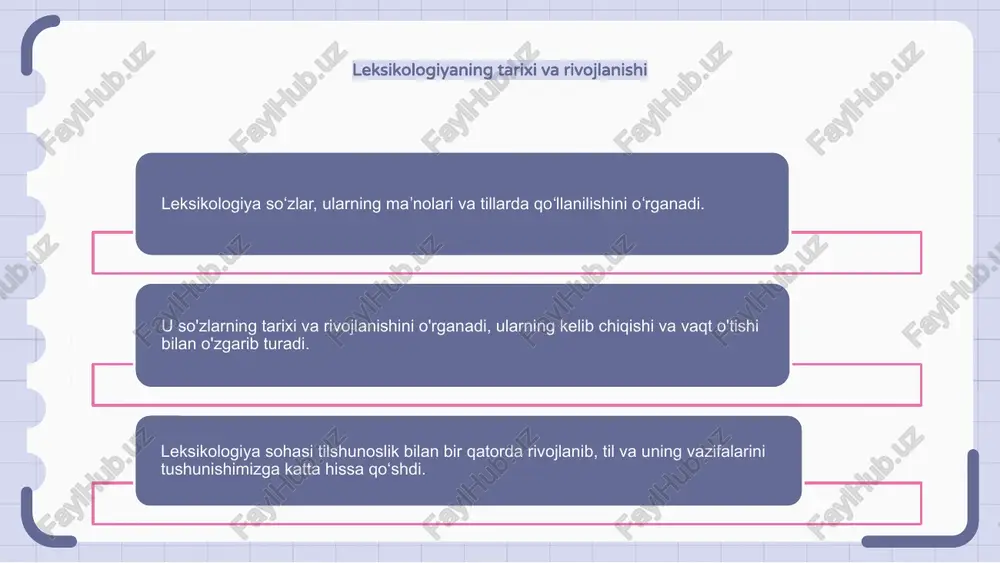 osligi va tabiiy tilni qayta ishlashda qoʻllaniladi. til o‘qitishda leksikologiya lug‘at, so‘z yasalishi va semantikani tushunish va o‘rgatishda yordam beradi. leksikografiyada leksikologiya lug‘atlarni tuzish va yangilash, keng qamrovli va ishonchli ma’lumotnomalar bilan ta’minlash uchun ishlatiladi. e'tiboringiz uchun rahmat