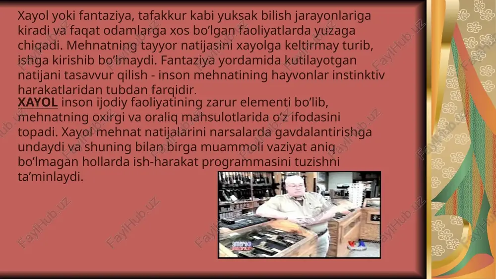 htirish orqali yangi obrazlar yaratish. urg’u berish fantaziya obrazlarini yaratishning yana bir yo’li narsalarning qandaydir sifatlarini, belgilariga urg’u berish, ularga diqqatni turli yo’llar bilan jalb qilishdir. bu usullar ayniqsa satirik jurnallarda ko’p qo’llaniladi. bu usul bilan o’rtoqlik hazillari va turli karikaturalar yaratiladi. sxematizasiya (sxemalashtirish) - biror mavjud narsadan andoza olib, shu andoza asosida obrazlar yaratish. masalan rassomlar turli o’simliklarning obrazi asosida naqshlar yaratadilar. yangi xayol obrazlarini yaratishning yana bir usuli, tipiklashtirish. tipiklashtirishdan badiiy adabiyotda keng qo’llaniladi. bu usul yordamida biror hodisaga, kishilar toifalariga, davrga xos yoki ularda ko’p takrorlanuvchi belgilar ma’lum obrazlarda gavdalantiriladi. aksentirlashtirish – u yoki bu xususiyatlarga urg`u berish orqali yangi obrazlarni yaratish. sxemalashtirish - biror bir obrazlarni tasvirlashda umumiy bosh xususiyatlarga to`xtalish. tipiklashtirish - bir xilda qaytariluvchi faktlarni konkret obrazda namoyon bo`lish. xayolning murakkab xususiyatlari adabiy obrazlarni yaratishda aks etadi. xayol jarayonida xotira tasavvurlari kattalashtirish yoki kichiklashtirishda, predmet qismlarini ko`paytirishda ifodalanishi mumkin. xayolning ixtiyorsiz faoliyatiga tush ko`rish …