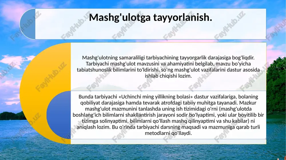 isqacha tushuncha berish. sabzavot va mevalar yetishtirishda kattalarning mehnati haqidagi tasavvurni shakllantirish. kuzda daraxtlar bargining to’kilishi, o’tlarning sarg’ayishi, dala va boglarda yig’im-terim ishlarining boshlanishi haqida suhbatlar uyushtirish. kuzning oxirida daraxtlarning bargi butkul to’kilib bo’lishi, o’t-o’lanlarning esa xazonga aylanishi. faqat ignabargli archalargina har doimgidek ko’m-ko’k qolishi haqida tushuncha berish. hayvonot dunyosi. kuz-qish davrida olmaxon, quyon va tipratikan singari hayvonlar xayoti va tabiiy sharoitlari (qayerda yashashi, qanday yurishi, nimalar bilan oziqlanishi, dushmanlaridan qanday himoyalanishi) haqidagi tasavvurlarini shakllantirish fasllar o’zg’arishi bilan quyon, olmaxon, tiprashkan kabi hayvonlar hayoti (tabiiy sharoitda ular qayerda yashaydilar, nimalar bilan oziqlanadilar, dushmanlardan qanday qutuladilar) bilan tanishtirish. uy hayvonlari va ularning bolalari (it, kuchukchalar, mushuk, mushukchalar) , qushlar (chumchuq, kabutar, musicha va boshqalar), atrof muhitda uchraydigan hasharotlar (chumoli, kapalak, xon qizi, ninachi kabi)ni farqlashga o’rgatish. eskursiya ma’lumki, tabiat bilan tanishtirish jarayonida tarbiyachi xilma-xil: og‘zaki, ko‘rgazmali va amaliy metodlarni qo‘llaydi. u o‘simlik va hayvonlarni, ularning yashash sharoitlarini namoyish qiladi. bu narsalarni …