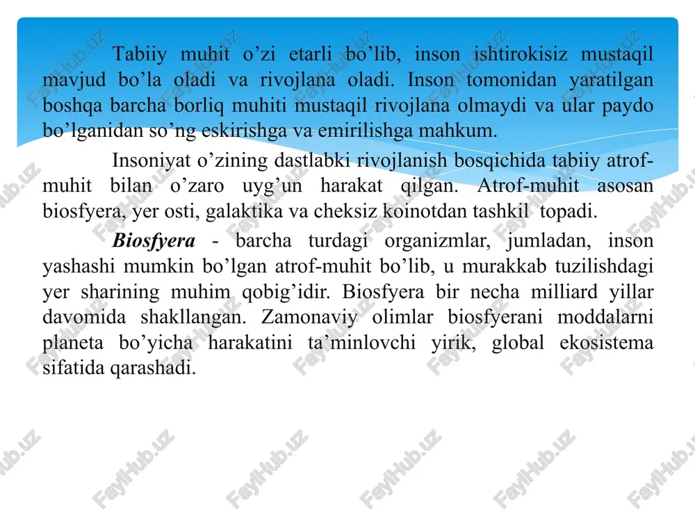 tsiyalash, ya'ni xavflarning sonli tavsifi va kelib chiqish nuqtalarini ko'rsatgan holda ularning qiyofasini bilish; - foyda va harajatni taqqoslash asosida xavflardan himoyalanish; - mumkin bo’lgan salbiy xavflarni (qolgan xavf-xatar konsepsiyasidan kelib chiqqan holda) bartaraf qilish. mehnat, qonunchilik hujjatlari va ularga mos ijtimoiy–iqtisodiy, texnikaviy, gigjarayonida insonning xavfsizligini, sog‘ligi va ish qobiliyatini saqlashini ta’minlaydiganiyenik va tashkiliy tadbirlar tizimi hayot faoliyati xavfsizligi deyiladi. «hayot faoliyat xavfsizligi» fanining asosiy maqsadi ishlab chiqarishda xavfsiz texnologik jarayonlarni va mashina-mexanizmlarni qo‘llash, xavfsiz ish sharoitlarini yaratish yo’li bilan ishchilarning hamda shu hududda yashayotgan aholining xavfsizligini ta’minlashdir. «hayot faoliyat xavfsizligi» fanining muhim vazifasidan biri – bo‘lajak har bir mutaxassis kadrlarga, xavfli omillar, ularni kelib chiqish sabablarini, xavfsiz mehnat qilishni davlat tomonidan huquqiy himoyalanganligi, hayot faoliyati xavfsizligi qonuniyatlari, ishlab chiqarish xavfsizligi masalalarini yechish usullarini o‘rgatish, ularni ishlab chiqarishda yoki mehnat faoliyatida shikastlanish va kasb kasalliklariga qarshi ko‘rashish, yongin va portlash hodisalarining oldini olish choralari hamda favqulodda holatlarda aholining faoliyat xavfsizligini …