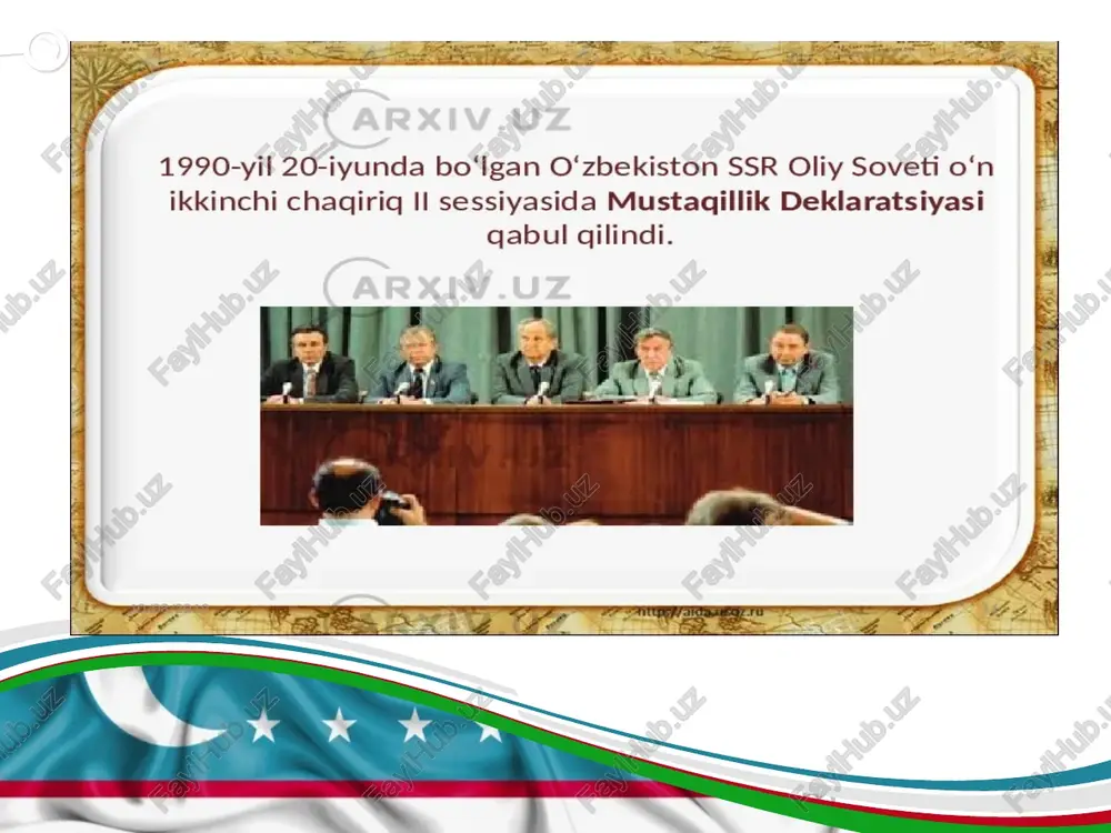 atab, uning loyihasi ustida taxminan ikki yil davomida ishlangani, ikki yarim oy mobaynida umumxalq muhokamasidan o‘tganligi va shu vaqt mobaynida u xalqning fikr xazinasi durdonalari bilan boyitilganini, sayqal topganini ta’kidladi. © copyright presentationgo.com – the free powerpoint template library 8 respublikamizda zamonaviy yo‘l-transport va muhandislik-kommunikatsiya infratuzilmalari, jumladan, qamchiq tog‘ dovoni orqali o‘tadigan noyob tunnelni o‘z ichiga olgan angren – pop temir yo‘l tarmog‘i, toshguzar – boysun – qumqo‘rg‘on temir yo‘li bunyod etildi. toshkentdan samarqand, buxoro va qarshi shaharlari yo‘nalishlari bo‘yicha yuqori tezlikda harakatlanadigan poyezdlar qatnovi yo‘lga qo‘yildi, xalqaro aeroportlar modernizatsiya qilindi, “navoiy” aeroporti negizida xalqaro logistika markazi tashkil etildi va o‘zbek milliy avtomagistrali qurilishi yakuniga yetkazildi. o‘zbekistonning dunyoda eng jadal sur’atlar bilan rivojlanib borayotgan iqtisodiyotga ega bo‘lgan beshta davlat qatoridan joy olgani prezident islom abdug‘aniyevich karimov tomonidan olib borilgan islohotlarning amaliy ifodasi bo‘ldi. islom abdug‘aniyevich karimov qishloq xo‘jaligidagi chuqur o‘zgarishlarni amalga oshirish, yerning haqiqiy egasi bo‘lgan yangi mulkdorlar sinfi – …