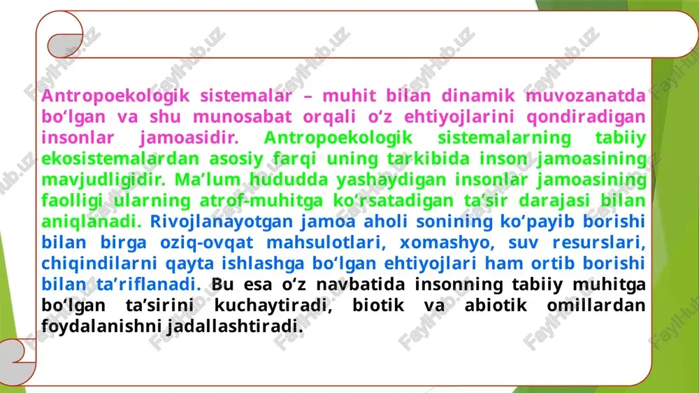 a xolesterin miqdorining kamligi bilan xarakterlanadi. tog‘ adaptiv tipi – atmosfera bosimi past, kislorodning miqdori kam, gipoksiya, sovuq sharoitda shakllanadi. xarakterli xususiyatlari: asosiy moddalar almashinuvi jadal kechadi, ko‘krak qafasi keng, naysimon suyaklar uzun, eritrotsitlar soni, gemoglobin miqdori yuqori bo‘ladi. cho‘l-sahro adaptiv tipi – quyosh radiatsiyasi o‘ta kuchli, jazirama, quruq, kontinental iqlim sharoitlarida shakllanadi. xarakterli xususiyatlari quyidagilar: issiqlik ajratilishi yuqori, ter bezlari yaxshi rivojlangan, suvni ko‘p iste’mol qiladi. markaziy osiyo hududida yashovchi ko‘pchilik aholi shu adaptiv tipga kiradi. 1. kishilar tomonidan o‘zgartirilgan tabiat: cho‘llarni o‘zlashtirish, o‘rmonlar tashkil qilish, daryolar yordamida suv omborlari qurish 2. sun’iy elementlar: binolar, inshootlar qurish, shovqinlar, elektromagnit maydonlari, radioaktiv nurlar, zaharli moddalar ishlab chiqarishda ishlatiladigan har xil materiallar, mahsulotlar. hozirgi kunda yer shari aholisining yarmiga yaqini shaharlarda joylashgan. transport, sanoat korxonalarining rivojlanishi va shunga o‘xshash boshqa omillar insonning eng muhim sifat ko‘rsatkichlaridan biri – salomatligiga salbiy ta’sir ko‘rsata boshladi. atmosfera, suv, oziq-ovqatlarning sanoat, transport chiqindilari bilan ifloslanishi, …