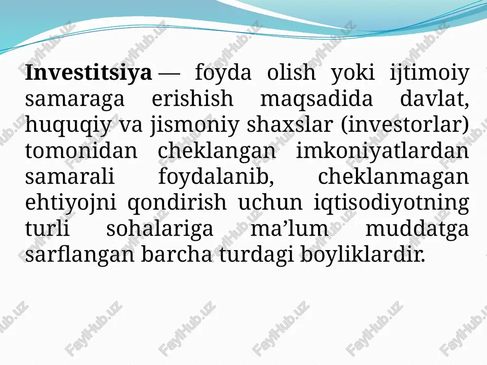 y bilimlarini oshirish – hududlarda konsalting, marketing va yuridik xizmat ko‘rsatuvchi markazlar tashkil etish va faoliyatini rivojlantirish; barcha manbalardan shakllanayotgan investitsiya mablag‘larini korxonalarda quyidagilarga sarflash maqsadga muvofiqdir: korxonalarda zamonaviy va samarali texnologiyalarni rivojlantirishga; korxonalarni barcha ishlab chiqarish vositalari bilan ta’minlash, ishlab chiqarishni kompleks mexanizatsiyalashtirish, avtomatlashtirish hamda elektrlashtirishni ta’minlashga; mehnat resurslarining bilimini, malakasini yuksaltirishga; ijtimoiy sohalarni rivojlantirish va boshqa shu kabilarga. image2.jpeg image3.png image4.png image5.png image6.png /docprops/thumbnail.jpeg