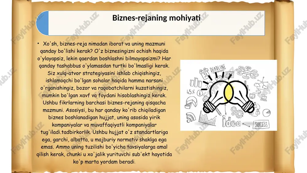 boshqa moddalarni va hokazolarni aniqlab olishingiz kerak. ushbu bo'limda so'ralgan mablag'larning umumiy hajmini, investorga moliyaviy so'rovni, qaysi jadvalni ko'rsatish maqsadga muvofiqdir.qarz qanday miqdorda va qanday raqamlar bilan qaytariladi. ajratilgan mablag'lar qanday maqsadlarda va necha foizda ishlatilishini ko'rsatish kerak. joriy kapitalning tuzilishi, shuningdek mavjud naqd puldan foydalanish samaradorligi ko'rsatilgan. moliya, diqqat va samaradorlik loyihani batafsil asoslab beruvchi hujjat, shuningdek, har tomonlama qabul qilingan qarorlar va rejalashtirilgan tadbirlarni yuqori samaradorlik sifatida baholash imkoniyatini beradi va loyihani investitsiya qilishga arziydimi degan savolga ijobiy javob berishga imkon beradi. ishlab chiqarish rejasi. biznes-reja ishlab chiqarishni yo'lga qo'yishda zarur bo'ladigan deyarli barcha harakatlarni aks ettirishi kerak biznes-rejadagi ishlab chiqarish rejasi: tavsifi, funktsiyalari, mazmuni kompaniyani boshqarishning zamonaviy usullari xorijiy usullar va texnologiyalarni tobora ko'proq jalb qilmoqda. ushbu usullardan biri barcha muntazam ishlarni elementar qismlarga ajratadi va keyin har bir natijada biznes jarayonini batafsil tavsiflaydi. bu juda ko'p vaqtni oladi, ammo natijada paydo bo'lgan sxema sizga zaif tomonlarni, …