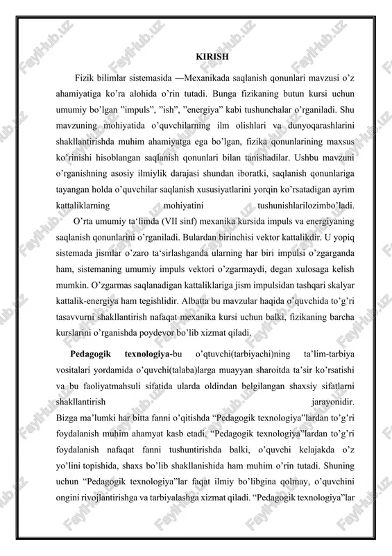 pulsi vaqt o'tishi bilan o'zgarmaydi: va bu ye rda m va v- n ta nuqtadan tashkil topgan sistemaning i nchi moddiy nuqtasining massa va tezligi. shuningdek, yopiq sistema impulsining inersial sanoq sistemasining dekart koordinat o’qlaridagi proeksiyalari ham o'zgarmaydi: sistemaning impulsi p=mvc bo'ladi. bu yerda m-sistemaning to’liq massasi, vc - uning massa markazining tezligi. shuning uchun impulsning saqlanish qonunidan quyidagi natija kelib chiqadi: yopiq sistemada sodir bo'luvchi harqanday jarayonlarda sistema massa markazining tezligi o'zgarmaydi: . biz nyuton qonunlariga asoslanib, impulsning saqlanish qonunini oldik, chunki ayni uning yordamida impulsning o'zgarish qonuni keltirib chiqarilgan. ammo impulsning saqlanish qonuni, nyuton qonunlaridan farqli ravishda klassik mexanika chegarasidan tashqarida ham o'rinlidir. masalan, tajribalarning ko'rsatishicha bu qonun mikroskopik jismlar sistemasi uchun qanchalik to’g’ri bo'lsa, hatti-harakati nyuton mexanikasi bilan emas, balki kvant mexanikasi bilan ifodalanuvchi mikrozarralar sistemasi uchun ham shunchalik to’g’ridir. bu qonun sistemani tashkil qiluvchijism yoki zarrachalarning tezligi kichik yoki kattaligiga bog’liq bo'lmagan holda relyativistik mexanikada ham …