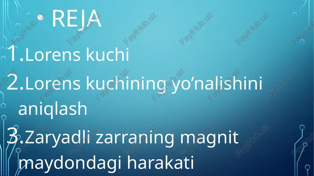 tahlil qilishda qo‘llanadi. harakatlanuvchi zaryadga elektr maydon tomonidan f=qe kuch tasir qiladi. bu kuch zaryadga tezlanish beradi yoki uning yonalishini ozgartiradi. elektr maydonning zaryadga tezlanish berishidan elektron lampalarda, elektron nurli trubkalarda, tezlatkichlarda va hokazolarda foydalaniladi. umumiy holda lorens kuchi harakatlanuvchi zaryadga elektr va magnit maydonlar tomonidan ta’sir etuvchi kuchlar yig‘indisiga teng f=qe+q|vb| lorens kuchi zaryadning harakat tezligi yo‘nalishiga perpendikulyar yo‘nalganligi uchun ish bajarmaydi. kinetik energiya to‘g‘risidagi teoremaga muvofiq lorens kuchi zarrachaning kinetik energiyasini, shuningdek uning tezligi modulini o‘zgartirmaydi. bu kuch ta’sirida zarrachaning harakat yo‘nalishi o‘zgaradi mavzu yuzasidan topshiriqlar: elektron magnit maydon induksiyasi 12 mt bo‘lgan maydon in- duksiya chiziqlariga tik uchib kirib, 4 cm radiusli aylana bo‘ylab ha- rakatni davom ettirgan bo‘lsa, u qanday tezlik bilan maydonga uchib kirgan? 1. 1000 v tezlashtiruvchi potensiallar farqini o‘tgan elektron bir jinsli magnit maydonga induksiya kuch chiziqlariga perpendikul- yar yo‘nalishda uchib kiradi. agar magnit induksiyasi 10-3 t ga teng bo‘lsa, elektron harakatlanayotgan aylana …