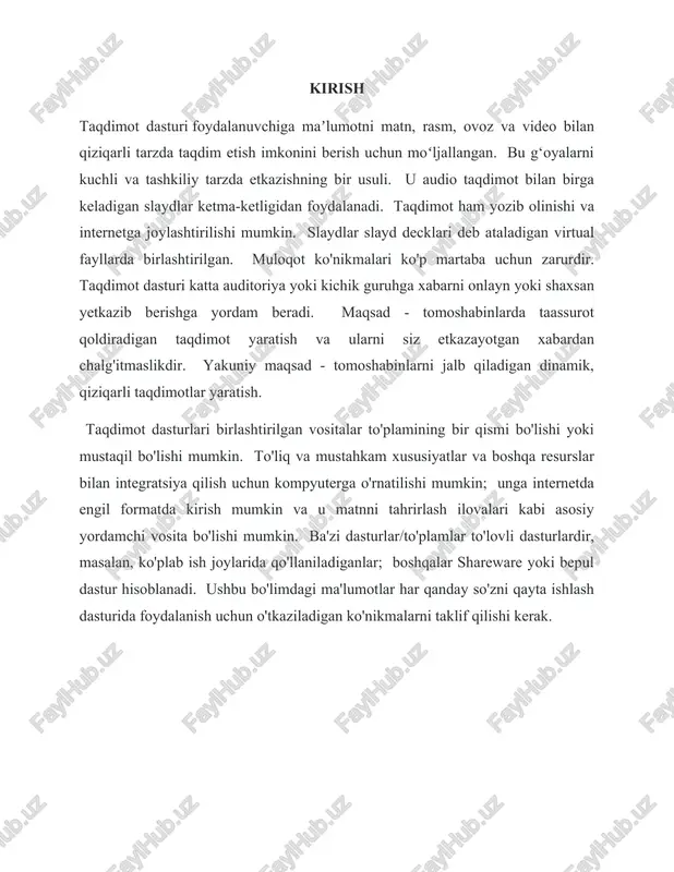z muayyan ob'ektga bitta harakatni tayinlash uchun mo'ljallangan eng oddiy variant. 1. effekt sozlamalari dastur sarlavhasida, tegishli yorliqda "multfilm". boshlash uchun ushbu ichki oynaga o'ting. 2. elementga alohida effekt berish uchun avval slaydning o'ziga tegishli komponentini (matn, rasm va hk) tanlashingiz kerak. shunchaki ta'kidlang. 3. shundan so'ng, mintaqadagi ro'yxatdagi kerakli variantni tanlash uchun qoladi "multfilm". bu effekt tanlangan komponent uchun ishlatiladi. 4. variantlar boshqaruv o'qlari bilan aylantiriladi va siz standart turlarning to'liq ro'yxatini kengaytirishingiz mumkin. powerpoint va openoffice impress dasturlarida fizik animatsiyalarni yaratish uchun quyidagi usullarni foydalanishingiz mumkin: powerpoint uchun: sohangizni tanlang: fizik konseptingizni ko'rsatadigan illyustratsiyalarni o'z ichiga olgan bir "slide" yaratib tanlang. formalarni qo'shing: "insert" menyusidan "shapes" yoki "smartart" ni tanlab, fizik vositalarini tasvirlayuvchi formalarni qo'shing. animatsiyalarni qo'shing: formalarni tanlang, keyin "animations" menyusidan murakkab animatsiyalarni qo'shing. misol uchun, bir ob'ekt bo'yicha sur'atli o'zgarishlar yaratishingiz mumkin. openoffice impress uchun: sahifa qo'shing: yangi sahifa qo'shish uchun "insert" menyusidan "slide" ni tanlang. …