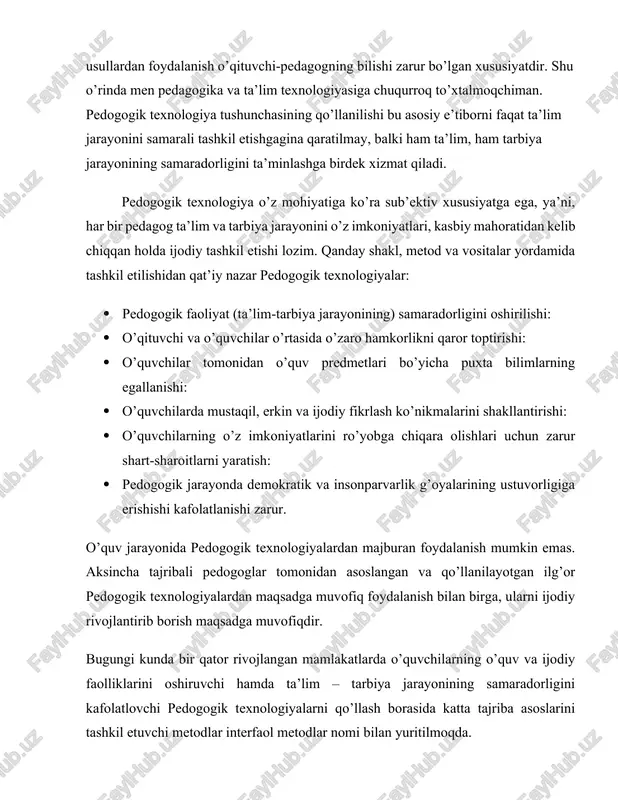 tirishi: · o’quvshilarning o’z imkoniyatlarini ro’yobga shiqara olishlari ushun zarur shart-sharoitlarni yaratish: · pedogogik jarayonda demokratik va insonparvarlik g’oyalarining ustuvorligiga erishishi kafolatlanishi zarur. o’quv jarayonida pedogogik texnologiyalardan majburan foydalanish mumkin emas. aksinsha tajribali pedogoglar tomonidan asoslangan va qo’llanilayotgan ilg’or pedogogik texnologiyalardan maqsadga muvofiq foydalanish bilan birga, ularni ijodiy rivojlantirib borish maqsadga muvofiqdir. bugungi kunda bir qator rivojlangan mamlakatlarda o’quvshilarning o’quv va ijodiy faolliklarini oshiruvshi hamda ta’lim – tarbiya jarayonining samaradorligini kafolatlovshi pedogogik texnologiyalarni qo’llash borasida katta tajriba asoslarini tashkil etuvshi metodlar interfaol metodlar nomi bilan yuritilmoqda. interfaol metodlar va ularning tavsifi borasida quyidagi fikrlarni keltirish mumkin: zamonaviy ta’limni tashkil etishga qo’yiladigan muhim talablardan biri ortiqsha ruhiy va jismoniy kush sarf etmay, qisqa vaqt ishida yuksak natijalarga erishishdir. qisqa vaqt orasida muayyan nazariy bilimlarni o’quvshilarga etkazib berish, ularda ma’lum faoliyat yuzasidan ko’nikma va malakalarni hosil qilish, shuningdek, o’quvshilar faoliyatini nazorat qilish, ular tomonidan egallangan bilim, ko’nikma hamda malakalar darajasini baholash o’qituvshidan …
