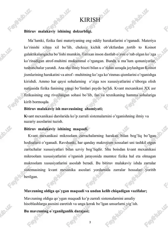 b ataluvchi fundamental doimiylikka ega. f) mikroolamda makroolamga xos bo’lgan traektoriya tushunchasi yo’q. buning o’rniga mikroolamda zarrachaning fazoni biror elementida ma’lum vaqt momentida bo’lish ehtimolligi ishlatiladi; g) mikroolamda zarracha holatini o’rganish ehtimollik nazariyasiga asoslanganligi tufayli u statistik tavsifga ega. ammo u makroolamga xos bo’lgan mumtoz statistikadan tubdan farq qiladi. mumtoz statistika ko’p zarrachali tizimlarga xos bo’lsa, mikroolamda har bir zarracha holati ham satistik ma’noga ega bo’lishi mumkin.tadqiqotning obyekti ko’p elektronlik atom sistemalar, tadqiqotning predmeti atom jaroyonlarini kvant mexanikasi asosida hisoblashlarni o’rganish. tadqiqotning ilmiy yangiligi; tadqiqotning ilmiy yangiligi kvant mexanikasi asosida atomlar rentgent nurlanish samaralarini o’rganishga harakat qilish. tadqiqotning tarkibiy tuzilishi; bitiruv malakaviy ish reja asosida yozilgan bo`lib, kirish , asosiy qismi i va ii bob, xulosa, adabiyotlar va internet malumotlaridan iborat. tadqiqot bo`yicha chop qilingan maqola va tezislarning manbalari . virtual international conferenses hosted online u.a.e ,, fazo juftligini tau-lepton sistemasida saqlanmaslik efektlari’’2023. i bob. vodorod atomi va uning kvant …
