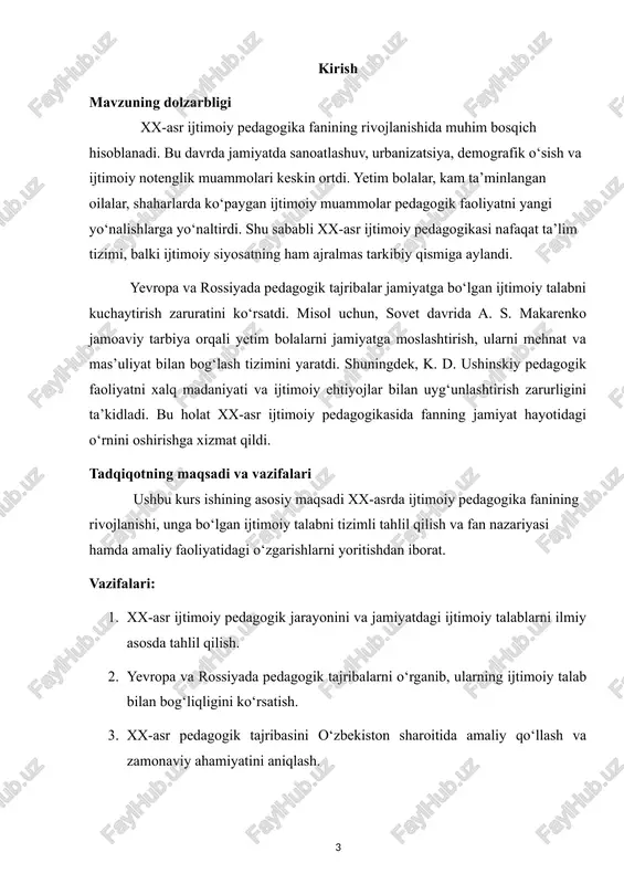 a jamiyat o‘rtasidagi ijtimoiy aloqalarni tartibga soluvchi ilmiy va amaliy fan sifatida shakllandi. xulosa qilib aytganda, xx-asr ijtimoiy pedagogikasi fanining rivoji jamiyatdagi ijtimoiy talablarni qondirish, shaxsni ma’naviy va ijtimoiy jihatdan yetuk tarbiyalash, ijtimoiy muammolarni oldini olish va bartaraf etishda dolzarb ahamiyat kasb etdi. bu esa kurs ishining mavzusini ilmiy va amaliy jihatdan asosli qiladi. i bob. xx-asrda ijtimoiy pedagogika fanining nazariy asoslari va tadbir obyekti 1.1. ijtimoiy pedagogika fanining predmeti, maqsadi va vazifalari ijtimoiy pedagogika fanining predmeti ijtimoiy pedagogika fani shaxsning ijtimoiy muhit bilan o‘zaro aloqasini, jamiyatdagi o‘z o‘rnini topish jarayonlarini, ijtimoiy muammolarni oldini olish va bartaraf etishga qaratilgan pedagogik faoliyatni o‘rganadi. fan predmeti shaxs va jamiyat o‘rtasidagi murakkab munosabatlarni, ularning tarbiyaviy, ijtimoiy va ma’naviy jihatdan shakllanishini tizimli tarzda o‘rganishdir. fan predmeti quyidagi jihatlarni o‘z ichiga oladi: shaxsning ijtimoiy moslashuvi: shaxsning oilaviy, maktab va jamoaviy muhitga moslashishi, ijtimoiy rollarni qabul qilishi va ularga mos faoliyat ko‘rsatishi ijtimoiy pedagogika fanining asosiy …