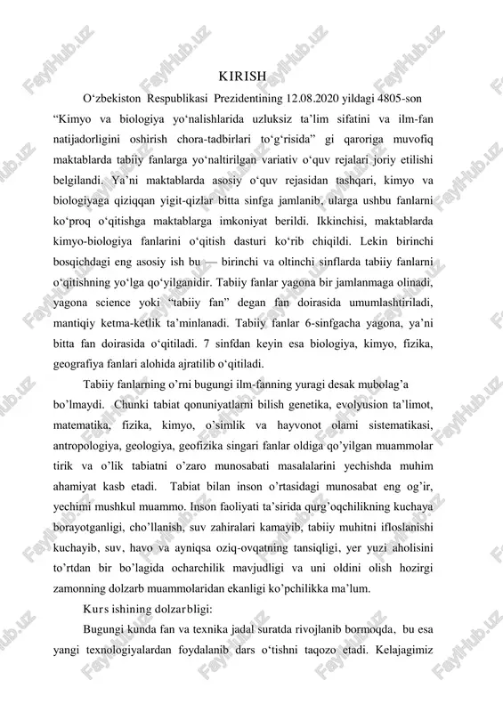 haroitlarini aniqlash va ilmiy jihatdan asoslash; - fizika ta‘limi jarayonida interfaol texnologiyalardan foydalanishning samaradorlik darajasini aniqlash; - fizika fanlarini o‗qitish xususiyatlarini o‗rganish, tahlil qilish va ularni muhim jihatlarini o‗zlashtirish. kurs ishining hajmi: mazkur ―umumiy o‗rta ta‘lim maktablarining 6- sinf tabiiy fanlar fanidan ―harakat va kuch‖ bobining mavzularini o‗qitishda zamonaviy interfaol metodlardan foydalanish metodikasi‖ mavzusidagi kurs ishi kirish, asosiy qism, xulosa va foydalanilgan adabiyotlar ro`yxatini o‗z ichiga qamrab oladi. ⅰ.1-§ .umumiy o`rta ta`lim maktablarining 6-sinf tabiiy fanlar fanining me`yoriy hujjatlari tahlili. tabiiy fanlar bir necha ming yillik tarixi davomida insoniyat hayotida katta ahamiyat kasb etgan. bugungi sience fanining joriy etilishi yosh o‘quvchini fanga bo‘lgan qiziqishini oshiradi. alohida biologiya, fizika, astronomiya, geografiya, kimyo fanlaridagiastronomiya, geografiya, kimyo fanlaridagi eng zaruriy va elementarbilimlar atrof-muhitni yanada oson anglashiga, bilimni hayotda qo‘llab o‘rganishiga turtki beradi. endilikda kimyo fani qiyin emas, biologiya yanada qiziqarli, fizika esa oson bo‘lib qoladi. darslikda keltirilgan amaliy mashg‘ulotlar esa nazariyani mustahkamlaydi. yangi …