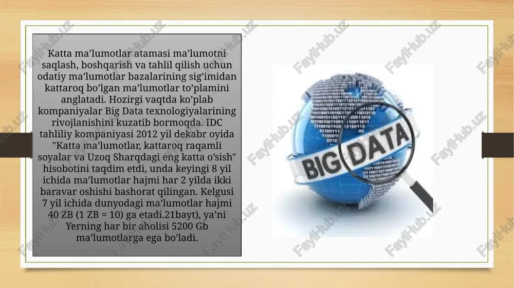 thcare) katta ma’lumotlar tahlili orqali bemorlar ma’lumotlari (elektron sog‘liq rekordi, sensorlardan olingan ma’lumotlar, genetik ma’lumotlar) yig‘iladi va tahlil qilinadi. misol: kasalliklarni erta aniqlash, epidemiyalarni prognozlash, shifoxona resurslarini optimallashtirish — bu sohaga misoldir. shunday qilib, sog‘liqni saqlashda katta ma’lumotlar texnologiyasi bemorga qarashni shaxsiylashtirish va jarayonlarni samarali qilish imkonini beradi. bank va moliya sohasida katta ma’lumotlar orqali mijoz xatti‑harakati tahlil qilinadi, kredit xavfi baholanadi, firibgarliklarni aniqlash imkoniyati oshadi. shuningdek, “know your customer” (kyc), pul yuvishni aniqlash, bozorni prognoz qilish kabi jarayonlarda ham qo‘llaniladi. bu sohada katta ma’lumotlardan foydalangan holda tez va aniq qaror qabul qilish mumkin. moliyaviy xizmatlar va bank ishi (finance & banking) chakana savdo (retail) va e‑commerce onlayn va an’anaviy savdo tarmoqlarida mijozlar xaridi, qidiruv tarixi, mahsulot tanlovi kabi ma’lumotlar tahlil qilinib — xaridorlarga mos mahsulot taklif etiladi. shuningdek, inventarizatsiya nazorati, talab prognozi (qaysi mahsulotlar qancha sotiladi) kabi muhim jarayonlarda katta ma’lumotlar qo‘l keladi. natijada, chakana savdoda mijoz tajribasi yaxshilanadi …