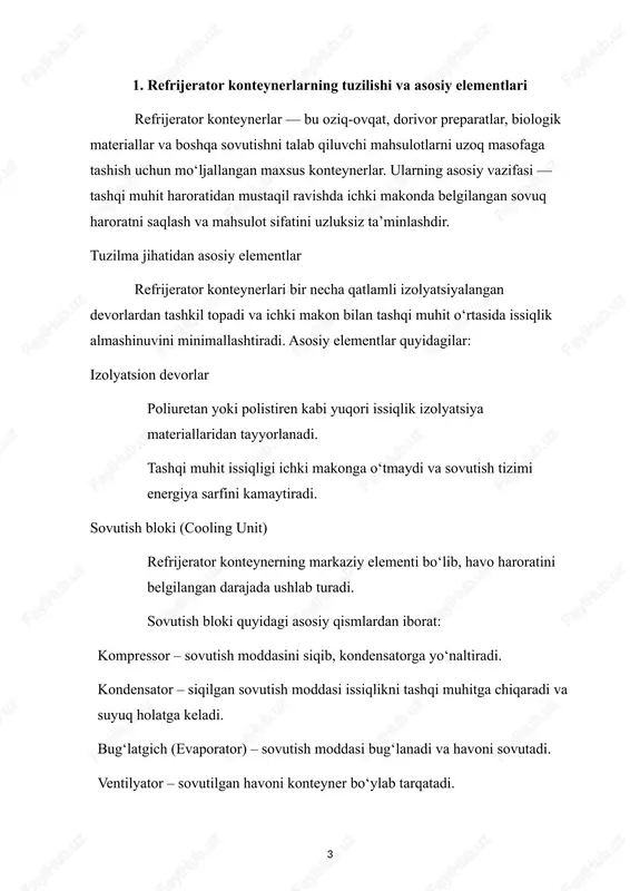 kon maksimal darajada mahsulot saqlash uchun ishlatiladi. tashqi havo qabul qilish panjaralari konteyner tashqi tomonida joylashadi. shu orqali tashqi havoni olib kirish va kondensatsiyani chiqarish amalga oshiriladi. har bir element bir-biri bilan integratsiyalashgan holda ishlaydi, bu esa konteynerning sovutish samaradorligini oshiradi. uv-lampalar: havoni mikroblardan tozalash va sanitariya nazoratini kuchaytirish uchun. energiya samarali sovutish moddasi: r134a yoki boshqa ekologik xavfsiz refrigerantlar ishlatiladi. avtomatik signal va diagnostika tizimi: nosozliklarni aniqlash va texnik xizmat ko‘rsatishni soddalashtirish uchun. 1-rasm ichki havo aylanishi va mahsulotlar atrofida sovutilgan havoning qanday tarqatilishi ko‘rsatilgan. konteyner ichida joylashgan mahsulotlar atrofidagi havo oqimining muhimligi tushuntiriladi — havoning notekis taqsimlanishi mahsulot sifatiga salbiy ta’sir ko‘rsatishi mumkin. refrijerator konteynerlarning tuzilishi va asosiy elementlari — bu mahsulotni uzoq masofaga yetkazish jarayonida sovutish, namlikni nazorat qilish, havo tozalash va energiya tejamkorligini ta’minlaydigan kompleks tizimdir. har bir komponent o‘zaro uzviy bog‘langan bo‘lib, konteynerning ichki muhitini doimiy ravishda belgilangan harorat va namlik darajasida ushlab turadi. shu …