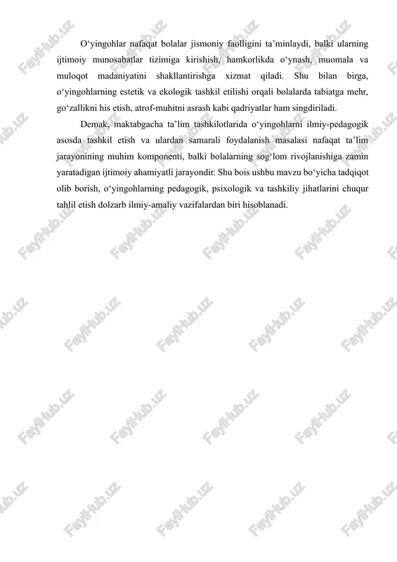 oniy, aqliy, ma’naviy, ijtimoiy va estetik shakllanishi bilan chambarchas bog‘liqdir. ushbu jarayonda o‘yin faoliyati bola hayotining ajralmas qismi bo‘lib, u orqali bola atrof-muhitni o‘rganadi, o‘zini anglaydi va jamoada o‘z o‘rnini topishni o‘rganadi. shu nuqtayi nazardan, maktabgacha ta’lim tashkilotlarida (mtt) o‘yingohlarning tashkil etilishi bola shaxsini rivojlantirishda asosiy pedagogik vositalardan biri sifatida e’tirof etiladi. 1. o‘yingohlarning pedagogik va psixologik ahamiyati o‘yingoh — bu bolalar uchun maxsus tashkil etilgan, o‘yin faoliyati orqali ta’limiy, tarbiyaviy va rivojlantiruvchi maqsadlarga erishish imkonini beruvchi muhitdir. psixologik jihatdan o‘yin bola faoliyatining tabiiy shakli bo‘lib, u orqali bola o‘z his-tuyg‘ularini ifoda etadi, mustaqil qaror qabul qilish, muammolarni hal etish va o‘zini boshqarish ko‘nikmalarini rivojlantiradi. vygotskiy, leontyev, elkonin kabi mashhur psixologlar o‘yin faoliyatini bolaning yetakchi faoliyati sifatida ta’riflab, u orqali bolaning bilish jarayonlari (diqqat, xotira, tafakkur, nutq) shakllanishini isbotlaganlar. o‘yingoh aynan shu faoliyatni qo‘llab-quvvatlaydigan, bolaga keng erkinlik va ijodiy imkoniyat beradigan makondir. 2. jismoniy rivojlanishdagi o‘yingohlarning roli o‘yingohlar bolalarda jismoniy …