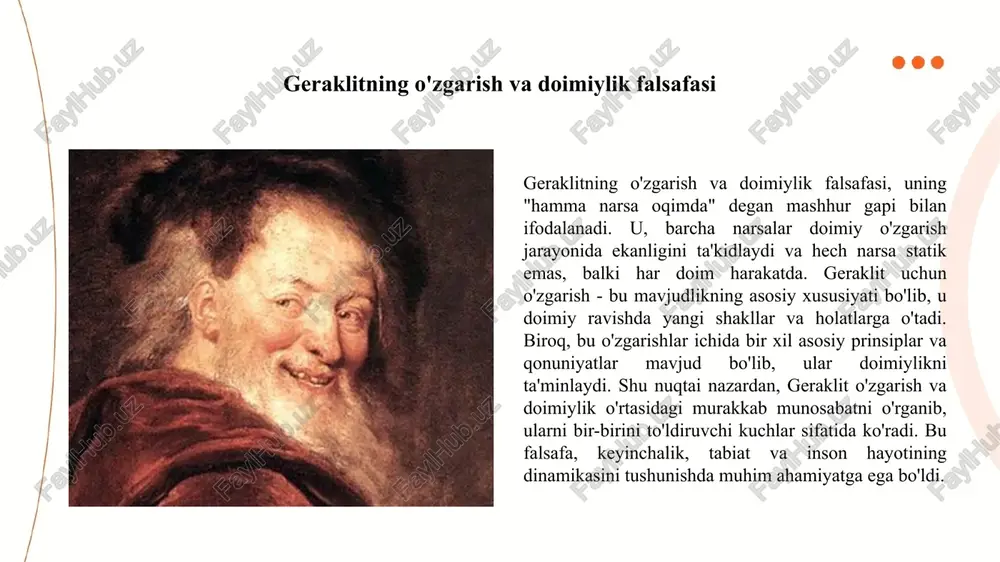ri nafaqat o'z zamonida, balki keyingi asrlarda ham falsafa va ilm-fan rivojiga katta ta'sir ko'rsatdi. ularning g'oyalari, o'zgarish va materializm tamoyillari, bugungi kunda ham zamonaviy falsafa va ilmiy tadqiqotlarda muhim o'rin egallaydi. o'zgarish va yaratilish: geraklit va demokritning yondashuvlari geraklit va demokrit nafaqat o'zgarish va atom nazariyasi bilan mashhur, balki yaratilish jarayonini tushunishga ham alohida e'tibor qaratgan. geraklit o'zgarishning doimiyligini ta'kidlab, har bir narsaning bir-biriga bog'liqligini va bir jarayonda qanday qilib yangi shakllar paydo bo'lishini ko'rsatadi. ushbu yondashuv, dunyodagi harakat va o'zgarishning tabiiyligini aks ettiradi. demokrit esa, atomlarning birlashishi va parchalanishi orqali yangi narsalarning hosil bo'lishiga e'tibor qaratadi. ikkala mutafakkir ham yaratilish jarayonini tushunishda o'z nazariyalarini ishlab chiqqan bo'lib, bu ulardan biri o'zgarishning davomiyligini, ikkinchisi esa mohiyatni ta'kidlaydi. uzluksizlik va tashqi olami qabul qilish geraklit va demokrit falsafiy qarashlarida mavjud bo'lgan uzluksizlik va tashqi olamni qabul qilish tushunchalari o'zaro farqlanadi. geraklitning falsafasida o'zgarish va harakat asosiy o'rin tutadi. uning mashhur …