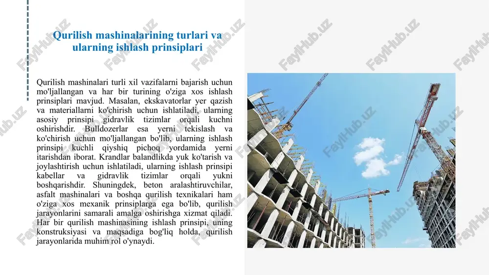 , ularning ehtiyot qismlarini almashtirish va yaroqsiz qismlarni aniqlash uchun, tizimli monitoring tadbirlarini amalga oshirish kerak. bularning barchasi, o'z navbatida, qurilish jarayonlarining samaradorligini oshiradi va ish vaqtini qisqartiradi. shuningdek, texnik xizmat ko'rsatishning rejalashtirilgan grafiklari ishlab chiqilishi zarur. bu, muayyan muddatlarda mashinalar uchun texnik xizmat ko'rsatish va ta'mirlash ishlarini rejalashtirishga imkon beradi, natijada qurilish ishlarining uzluksizligini ta'minlaydi. mashinalar va ularning ehtiyot qismlarining holatini nazorat qilish, ish jarayonida kutilmagan to'xtashlarni kamaytiradi va umumiy iqtisodiy samaradorlikni oshiradi. qurilish mashinalarining iqtisodiy samaradorligini baholash qurilish mashinalarining iqtisodiy samaradorligini baholash, ularning moliyaviy jihatdan foydaliligini aniqlashda muhim ahamiyatga ega. ushbu jarayonda, mashinalarning narxlari, energiya sarfi, xizmat ko'rsatish xarajatlari va foydalanish muddatlari hisobga olinadi. iqtisodiy samaradorlikni har tomonlama baholash orqali, qurilish tashkilotlari o'z resurslarini qanday qilib samarali boshqarishlari mumkinligini aniqlaydilar. misol uchun, mashinalarni optimallashtirish va ularni kerakli vaqt va joyda ishlatish xarajatlarni kamaytirishi mumkin. shuningdek, iqtisodiy baholash orqali qurilish loyihalarining umumiy xarajatlari va foydalarini oldindan belgilash imkoniyati yaratiladi. …