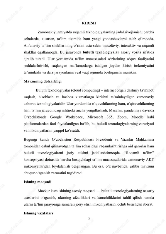foydalanilgan adabiyotlardan iborat. · birinchi bobda bulutli texnologiyalarning nazariy asoslari yoritiladi. · ikkinchi bobda esa ularning taʼlim tizimidagi amaliy qo‘llanilishi, real misollar va statistik maʼlumotlar asosida tahlil qilinadi. · ish yakunida umumiy xulosa va takliflar keltiriladi. i bob. bulutli texnologiyalarning nazariy asoslari 1.1. bulutli texnologiyalarning paydo bo‘lishi, rivojlanish tarixi va turlari hozirgi vaqtda "bulutlar" zamonaviy global it-sektoriga mustahkam kirib bordi va ularning ahamiyatini ortiqcha baholab bo'lmaydi: bulutli xizmatlar mijozlarga moslashuvchan infratuzilmani boshqarish, asbob-uskunalarni tejash, zaxira va texnik yordam olish, shuningdek, ulkan imkoniyatlardan foydalanish imkoniyatini beradi. dunyoning istalgan nuqtasida xizmatlar, ilovalar va ma'lumotlar hajmi. biroq, bu barcha zamonaviy bulutli texnologiyalarning asosi asosiy tamoyillarda yotadi: resurslarni almashish va almashish, virtualizatsiya va internet orqali ushbu resurslarga masofadan kirish. bulutli texnologiyalarning mohiyati haqida gapirishni boshlashdan oldin, ularning paydo bo'lish tarixini tushunishimiz kerak. har bir narsa o'z kelib chiqishiga ega va, qoida tariqasida, har qanday "uy" poydevor qo'yish orqali qurila boshlaydi. oltmish yil oldin, 1963 …