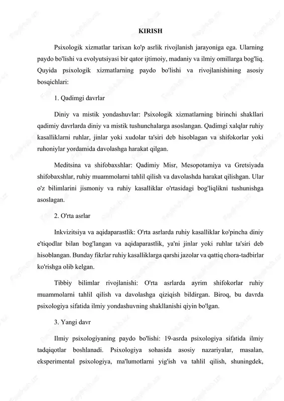 ogik xizmatlar ko'plab turli metod va yondashuvlarni birlashtiradi. kognitiv-behavioral terapiya, humanistik psixologiya, gestalt terapiya va boshqalar birlashtirilgan. psixologik xizmatlarning kengayishi: hozirgi kunda psixologik xizmatlar o'z ichiga onlayn maslahatlar, telepsixologiya, guruh terapiyalari, hamda ijtimoiy va madaniy jihatlarni hisobga olgan holda taqdim etiladi. zamonaviy texnologiyalar, masalan, mobil ilovalar va sun'iy intellekt psixologik xizmatlarni yanada qulay va samarali qiladi. 6. ijtimoiy va madaniy omillar madaniyatning ta'siri: psixologik xizmatlar turli madaniyatlar va ijtimoiy kontekstlarda har xil ko'rinishlarga ega. har bir madaniyatda psixologik xizmatlarning qabul qilinishi va ishlatilishi o'ziga xos xususiyatlarga ega. ommaviy psixologik yordam: hozirgi kunda psixologik xizmatlar jamoatchilik uchun yanada ommalashmoqda. psixologik salomatlik masalalari haqida umumiy ma'lumotlar tarqatilmoqda va psixologik yordam olish imkoniyatlari kengaytirilmoqda. 7. natijalar va istiqbollar psixologik xizmatlar davom etuvchi ilmiy tadqiqotlar va yangi yondashuvlar asosida rivojlanishda davom etmoqda. shuningdek, psixologik xizmatlarning ta'siri va samaradorligi baholash, yangi metod va texnologiyalar yordamida rivojlantirilmoqda. psixologik xizmat - bu shaxslar yoki guruhlar uchun ularning …