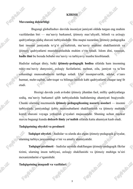 turidiy, burhoniddin marginoniy, alisher navoiy, abdulla avloniy, abdurauf fitrat, mahmudxo‘ja behbudiy singari mutafakkirlar o‘z asarlarida hadislarning ma’naviy va pedagogik ahamiyatini alohida ta’kidlab o‘tganlar. zamonaviy tadqiqotlar orasida a. ergashev, m. to‘xliyev, n. turaqulov, z. qosimova kabi pedagog olimlarning ijtimoiy pedagogika bo‘yicha ishlari, shuningdek, “al-jome’ as-sahih”, “sunan at-termiziy”, “riyoz us-solihin” kabi hadis to‘plamlari mazkur ishning manba bazasini tashkil etadi. shuningdek, o‘zbekiston respublikasi prezidentining ma’naviy-ma’rifiy sohani rivojlantirishga oid farmonlari ham ilmiy asos sifatida xizmat qiladi. ishning ilmiy yangiligi va amaliy ahamiyati mazkur ishning ilmiy yangiligi shundan iboratki, unda hadislar ijtimoiy pedagogika nuqtai nazaridan tizimli tahlil qilinadi. ya’ni, hadislar faqat diniy manba sifatida emas, balki ijtimoiy-pedagogik konsepsiya sifatida ko‘riladi. ishda hadislar asosida ijtimoiy muhitni sog‘lomlashtirish, yoshlarni ma’naviy barkamollikka yetaklash, axloqiy qadriyatlarni shakllantirish kabi jarayonlar yangi pedagogik talqin asosida tahlil etilgan. amaliy ahamiyati shundan iboratki, tadqiqot natijalari ijtimoiy pedagogika, ma’naviyat va ta’lim-tarbiya sohalarida qo‘llanishi mumkin. hadislarda ilgari surilgan g‘oyalar o‘qituvchilar, tarbiyachilar, ota-onalar va yoshlar uchun …