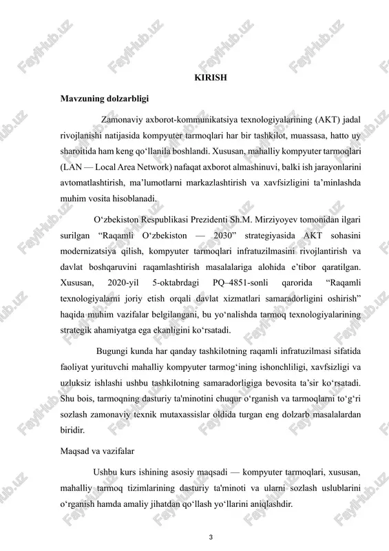 transformatsiya maqsadlariga erishishda nazariy va amaliy asos yaratadi. i bob. tarmoq dasturiy taʼminoti va uning turlari 1.1. tarmoq dasturiy ta'minoti tushunchasi va uning asosiy vazifalari dasturiy ta'minot so'zi ingliz tilidan olingan bo'lib, uning aniq ma'nosi kompyuter qismlari to'plami sifatida ta'riflanadigan apparatdan farqli ravishda dasturlar to'plamidir. keling, kompyuter dasturiy ta'minoti nima ekanligini, dasturiy ta'minot turlari va misollarini ko'rib chiqamiz. dasturiy ta'minot nima? el dasturiy ta'minot kompyuterlar va mobil telefonlar kabi elektron qurilmalarga muayyan vazifalarni bajarish imkonini beruvchi koʻrsatmalar va maʼlumotlar toʻplamidir. dasturiy ta'minotsiz apparat (kompyuterning jismoniy qismlari) ishlay olmaydi. xulosa qilib aytganda, biz kompyuter dasturlarini dasturlar deb ta'riflagan bo'lardik. dasturiy ta'minot turlari har xil turdagi dasturlar yoki dasturlar mavjud. endi biz har xil turdagi dasturiy ta'minotni ularning narxi va foydaliligiga qarab ko'rib chiqamiz. tizim dasturiy ta'minot ushbu turdagi dasturiy ta'minot kompyuterning asosiy ishlashi uchun zarurdir. u apparat resurslarini boshqaradigan va boshqa dasturlarning ishlashi uchun platformani ta'minlovchi operatsion tizimni (masalan, windows, macos …