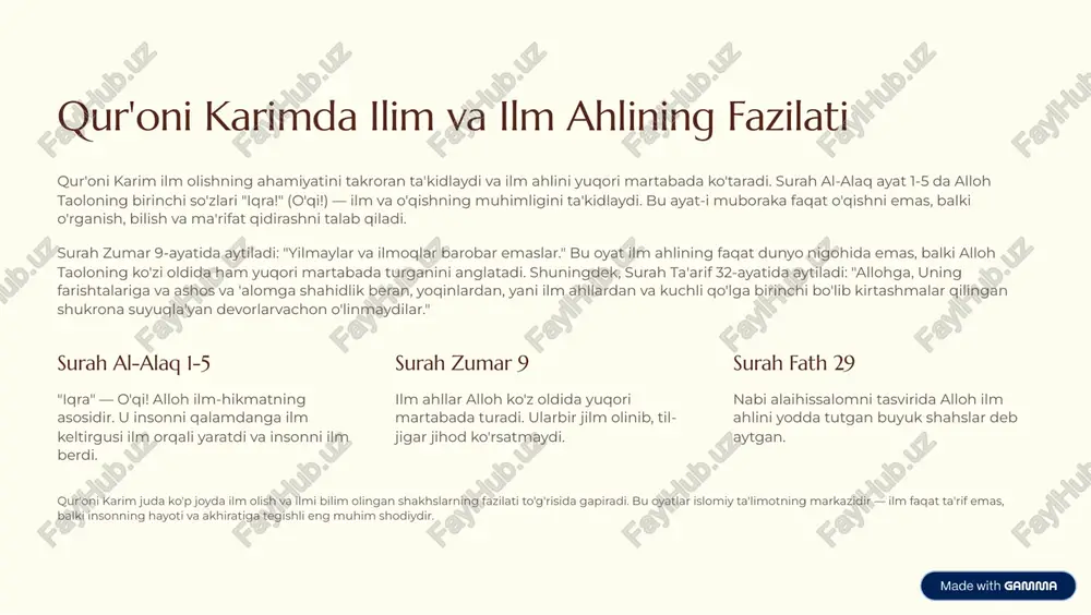 di." bu hadis ilm ahlining alloh taologa bo'lgan yaqinligini ko'rsatadi va ularbir du'olari va istedolari amaliy natija beradi. hadis-i shariflar ilm olish va tarshixlashning vositalari bilan muttaasil ta'lim beradi. nabi (s.a.v) ilm ahlining fazilati va uning jamiyatdagi roli haqida ko'p takroran gapirgan. shuningdek, ilm ahlining taqvo va xulq-atvori haqida ham maxsus ta'limlari mavjud. https://gamma.app/?utm_source=made-with-gamma islom olamidagi ilk ilmiy yutuqlar islom tamadduni tarixida sakkizinchi asrdan to'rtinchi asrgacha bo'lgan davr buyuk ilmiy taraqqiyotning o'lkan bo'ldi. islom olamida yaratilgan ilmiy muassasalar, olimlar va ularning kashflari yevropa va butun dunyo ilmiga katta ta'sir ko'rsatdi. islom olamidagi olimlar astronomiya, matematika, tibbiyot, kimyo, falsafa va boshqa ko'p sohalarda buyuk yutuqlar oldilar. xorazmiy, al-rozi, ibn-sino, al- ghazali, al-biruni kabi dahi olimlar islom ilmiating ko'p sohalarda xizmat ko'rsatdilar. x matematika algebra va algoritmning ixtiroi ó tibbiyot muayyan kasalliklarning davolash usullari � astronomiya sayyoralar va yulduzlarning harakat qonunlari · kimyo moddalar o'zaro o'zgarishi qonunlari xorazmiy (ix-asr) algebra va algoritmni …