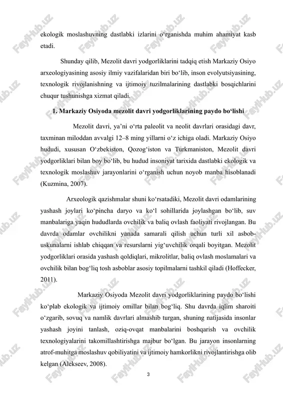 on insonlarning atrof-muhitga moslashuv qobiliyatini va ijtimoiy hamkorlikni rivojlantirishga olib kelgan (alekseev, 2008). shuningdek, arxeologik topilmalar shuni ko‘rsatadiki, mezolit davrida odamlar ekologik resurslardan samarali foydalanish strategiyasini ishlab chiqqan. masalan, o‘zbekiston hududidagi saroyxon va qirqqul yodgorliklarida topilgan mikrolit asboblar ovchilik va baliq ovlash jarayonini tezlashtirish va samarali qilishga xizmat qilgan. shu tarzda, mezolit davri yodgorliklari nafaqat insoniyatning texnologik rivojlanishini, balki ijtimoiy va ekologik moslashuvini ham aks ettiradi (kuzmina, 2007). shunday qilib, markaziy osiyoda mezolit davri yodgorliklarining paydo bo‘lishi insoniyat tarixida texnologik, ekologik va ijtimoiy moslashuvning muhim bosqichi sifatida ahamiyatli bo‘lib, hudud arxeologiyasi va inson evolyutsiyasini tadqiq qilishda asosiy manba hisoblanadi. 2. asbob-uskunalar va texnologik yondashuvlar markaziy osiyoda mezolit davri insonlarining texnologik rivojlanishini ko‘rsatadigan asosiy manba – tosh asbob-uskunalardir. ushbu davr, taxminan miloddan avvalgi 12–8 ming yillar oralig‘ida, odamlar avvalgi paleolit davrida ishlatilgan katta va oddiy asboblarni kichikroq, yanada samarali mikrolitlar bilan almashtirishni boshlagan (kuzmina, 2007). bu jarayon ovchilik va yig‘uvchilik faoliyatini …