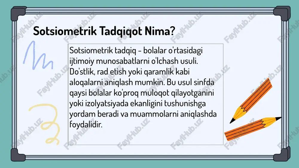 h uchun, intervyular esa chuqurroq tushuncha olish uchun ishlatiladi. natijalar ijtimoiy muhitda o'zgarishlar qilishda qo'llaniladi. masalan, muammo bo'lsa, bolalar o'rtasidagi munosabatlarni yaxshilash uchun tashkil etilgan faoliyatlar va treninglar o'tkaziladi. tadqiqot metodlari: anketalar va intervyular anketalar: savollar turi, maqsad va foydalari haqida ma'lumot. ular keng tarqalgan va samarasidir. intervyular: bolalar bilan muloqot qilish usullari, savol berish uslublari va shaxsiy fikrlarni aniqlashda yordam beradi. har ikkala metodning afzalliklari: anketalar katta ma'lumot to'plash uchun qulay, intervyular esa chuqurroq tushuncha beradi. ikki usul ham tadqiqot uchun muhim. natijalar va ularning amaliy qo'llanilishi tadqiqot natijalari, bolalarning ijtimoiy muhitdagi o'zgarishlarini ko'rsatadi. masalan, ijtimoiy aloqalar rivojlanishi orqali hamkorlik va ishonch oshadi. bu natijalar ta'lim va tarbiya jarayonida muhim bo'lib, o'qituvchilarga muammo guruhlarini aniqlash va muhitni yaxshilashda yordam beradi. bu esa, bolalarda sog'lom ijtimoiy munosabatlarni rivojlantirishga xizmat qiladi. photo by tai ngo on unsplash bolalar o'rtasida ijtimoiy aloqalar sotsiometrik tadqiqotlar va ijtimoiy aloqalar sotsiometrik tadqiqotlar bolalarda ijtimoiy aloqalarni …