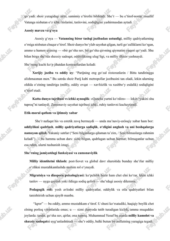 iy barkamollikka chorlaydi. u vatanni madh etadi, ammo shu bilan birga ogohlantiradi: tarixni eslab, zimmasidagi vazifalarni unutmaslik kerak. muhammad yusuf — “iqror” sarlavha — “iqror” — arabchadan kirib kelgan so‘z, «iqror bo‘lish», «e’tirof etish», «ochiq tan olish» degan maʼnolarni beradi. bu allaqachon sheʼrning tag-tomirini belgilab qo‘yadi: shoir yuragidagi sirni, samimiy eʼtirofni bildiradi. sheʼr — bu eʼtirof-noma: muallif vatanga nisbatan o‘z ichki hislarini, tanlovini, sodiqligini yashirmasdan aytadi. asosiy mavzu va g‘oya asosiy g‘oya — vatanning biror tashqi jozibadan ustunligi, milliy qadriyatlarning o‘rniga nisbatan chuqur eʼtirof. shoir dunyo bo‘ylab sayohat qilgan, turli go‘zalliklarni ko‘rgan, ammo u hamon uyining — «bir go‘sha suv, bir go‘sha qir»ning qiymatini yuqori qo‘yadi. shu bilan birga sheʼrda shaxsiy sadoqat, oddiylikning ulug‘ligi, va milliy iftixor yashnaydi. she’rning kuchi ko‘p jihatdan kontrastlardan keladi: xorijiy joziba vs oddiy uy: “parijning eng go‘zal restoranlarin / bitta tandiringga alishmasman men.” bu satrda shoir parij kabi metropollar jozibasini tan oladi, lekin ularning oldida …