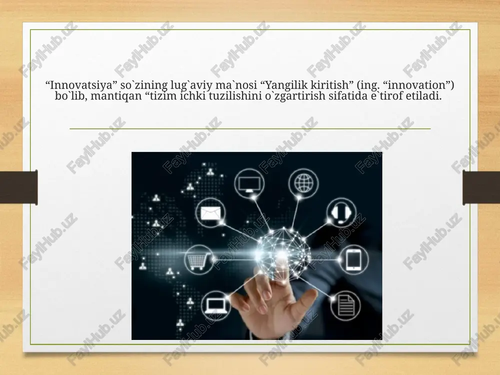 gi vazirlikning faoliyat yo‘nalishlaridandir. innovatsiyalarni tatbiq etish ilmiy-amaliy markazida buning uchun barcha sharoit yaratiladi. vazirlik ham shu markazda joylashdi. ushbu muassasada ilmiy-konsultativ, iqtisodiyot tarmoqlari innovatsion ehtiyojlarini o‘rganish, yoshlar innovatsion g‘oyalarini qo‘llab-quvvatlash xizmatlari, masofaviy ta’lim kurslari yo‘lga qo‘yiladi. iqtidorli yoshlar bu yerda yangi ishlanma va texnologiyalar bilan tanishish barobarida start-ap loyihalarida ishtirok etish imkoniyatiga ega bo‘ladi. 2018 yil prezidentimiz shavkat.m.m tomonidan «faol tadbirkorlik, innovatsion g'oyalar va texnologiyalarni qo'llab-quvvatlash yili» deb e`lon qilindi. novatsiya ilmiy tadqiqot faoliyati asosida to`plangan tajriba va yangiliklarning dinamik birligini saqlagan holda, insoniyat hayotining turli sohalariga oid yangiliklarni maqsadli yo`naltirishga xizmat qiladi. shuningdek, u vorisiylik tamoyiliga rioya qilgan holda erkin tarzda yangi nazariyalarni yaratishda ham metodologik ahamiyatni kasb etadi. novatsiya yangi ilmiy g'oyada «eskilik» elementi, ilgari mavjud bo ‘igan biror narsa borligini ifodalaydi. shu tariqa yangilik vorisiylikka tayanadi. bu yangilik ixtiroga teng, ya’ni yana o'matilgan yangi haqiqat demakdir. novatsiyada, shuningdek, awalgi mavjud bo‘lgan g‘oya yoki paradigmani yanada takomillashtirib, …