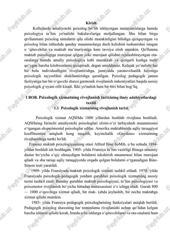 gnostik faoliyatdan iboratdir. sobiq sovet psixologiyasida bolalar tarbiyasi va ta’limida psixologiyadan foydalanish borasida urinishlar pedologiya doirasida vujudga keldi. pedologiya rivojlanayotgan va o‘sayotgan shaxsning barcha biologik va ijtimoiy xususiyatlarini qamrab oluvchi fandir. 1936- yilda pedologik qarashlarni to‘xtatish haqida qaror qabul qilindi, shu bilan birga ms psixologlari amalga oshirayotgan bola psixologiyasidagi ijobiy izlanishlar ham to‘xtab qoldi. faqat 1960- yillarning oxiriga kelib, psixologlaming maktab ishida amaliy ishtirok etishi qayta tiklandi. 1984- yilda moskvada "psixologik xizmat muammolari bo‘yicha i umumittifoq anjumani bo‘lib o‘tdi. anjumanda maktabda psixologik xizmat seksiyasi ham ish olib bordi. sobiq ittifoqda birinchi bo‘lib estoniyada 1975- yilda maktabda psixologik xizmat tashkil etildi. eston psixologlari «tarbiyasi qiyin» o‘smirlar uchun maxsus maktablarda ish olib bordilar. rossiyada 1982- yilda maktablarda psixolog shtati ochildi. iqtidorli olima i.v.dubrovina psixologik xizmatning rivojlanishiga ulkan ulush qo‘shgan, u ushbu mavzuda doktorlik dissertatsiyasini yoqlagan va bir qancha asarlar muallifi hisoblanadi. 1.2. psixologik xizmatning o’zbekistonda rivojlanish 1989- yilda 0 ‘zbekistonda amaliyotchi psixologlaming …